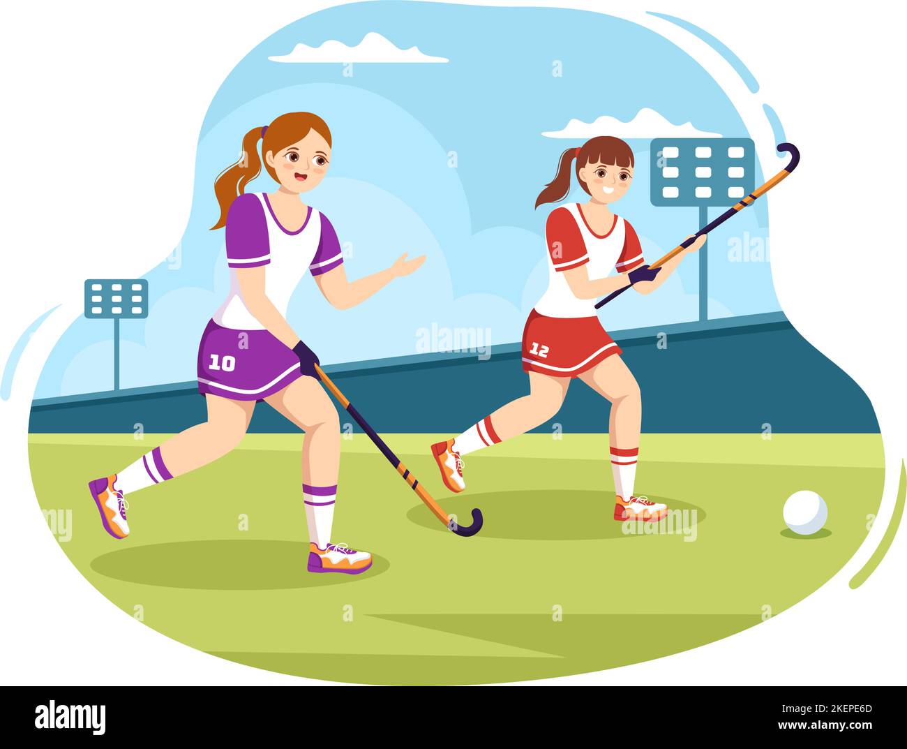 Hockey Player Sport with Helmet, Stick, Puck and Skates on Green Field