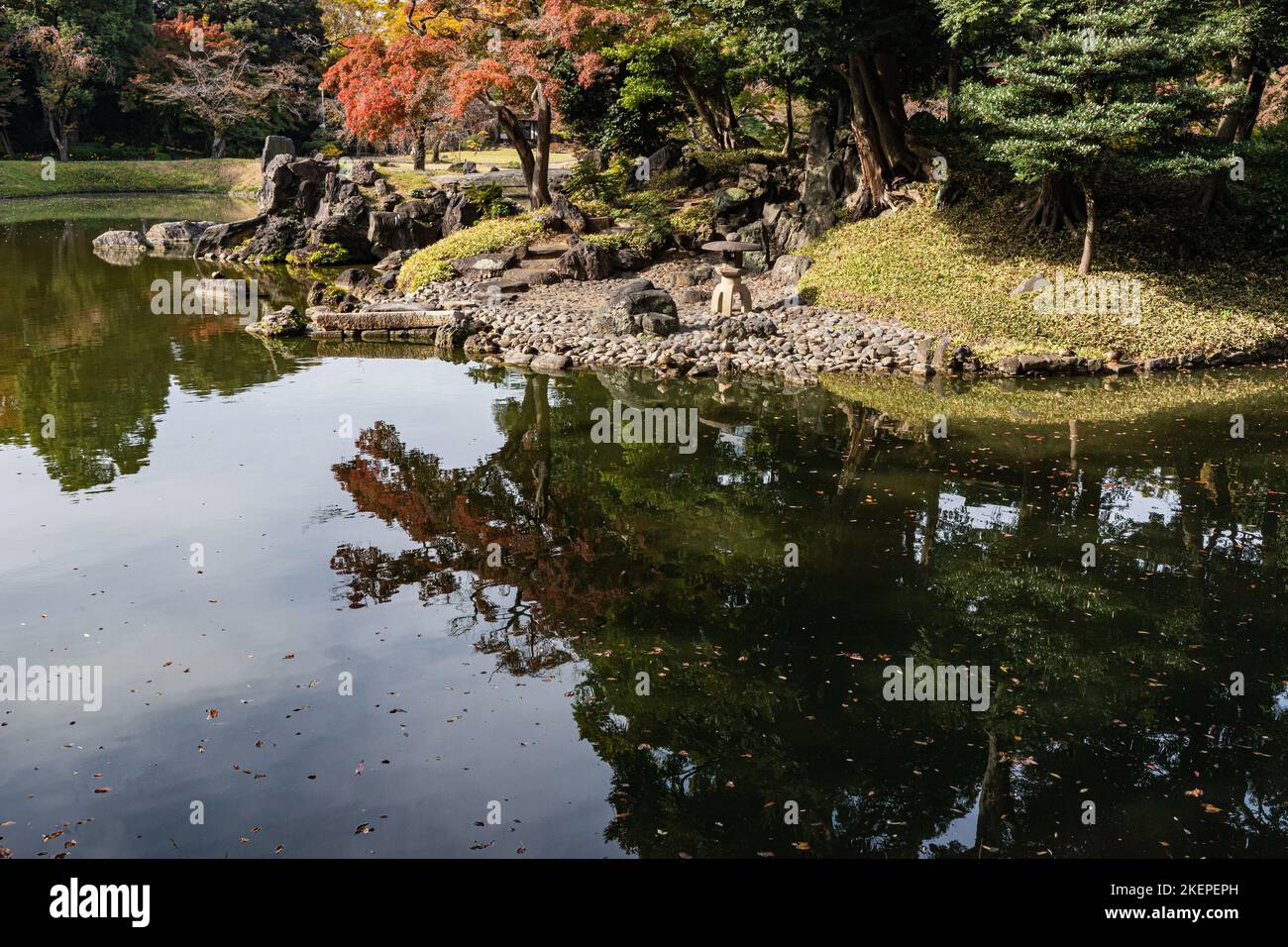 Koishikawa Korakuen Gardens is a strolling garden centered around a pond, reflecting the preference for the Chinese aesthetic with landscapes replicat Stock Photo