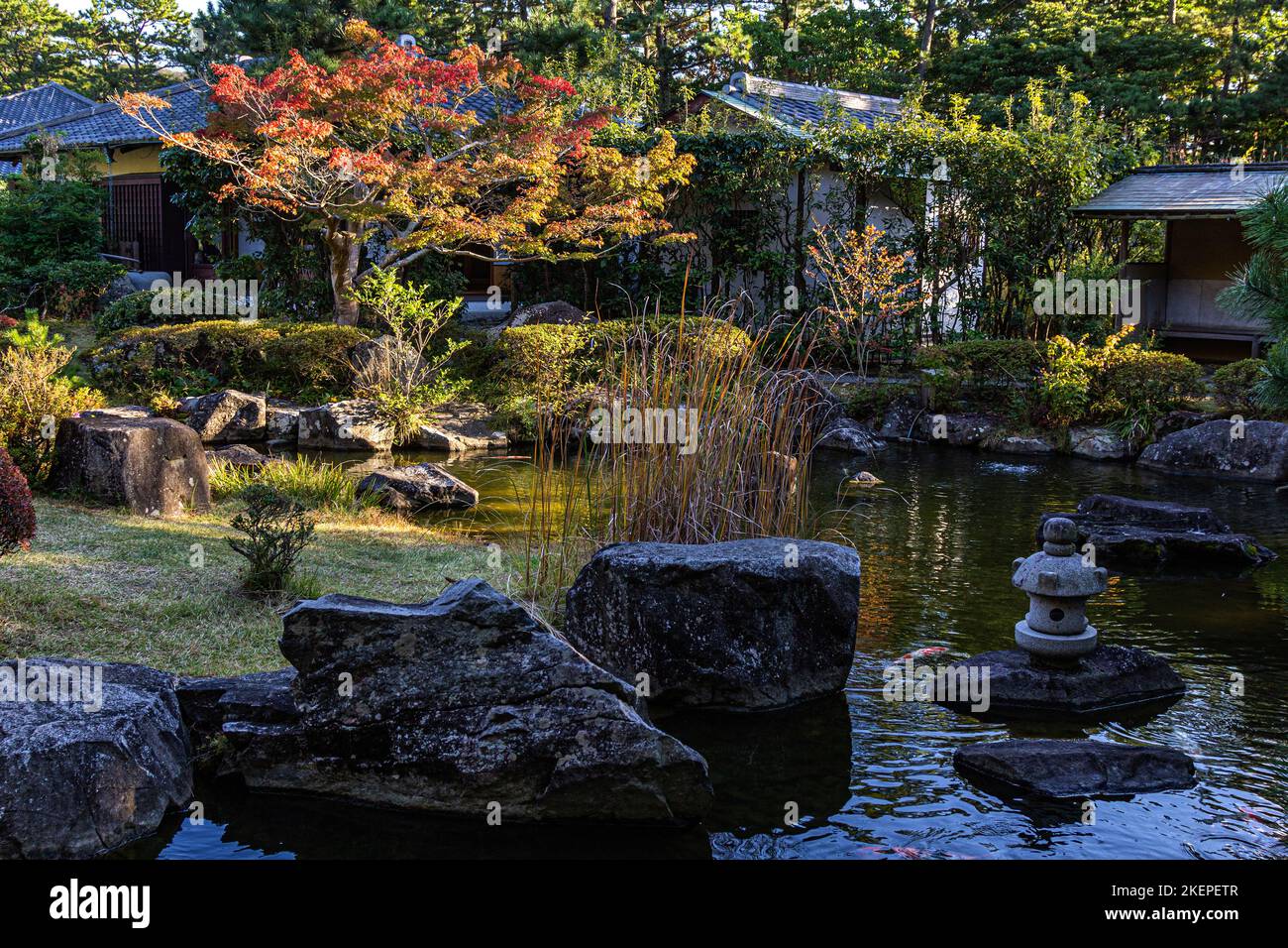 Shiosai Teien is a traditional chisen kaiyu shiki Japanese strolling pond garden with teahouses overlooking the pond. Within the grounds, called Shios Stock Photo