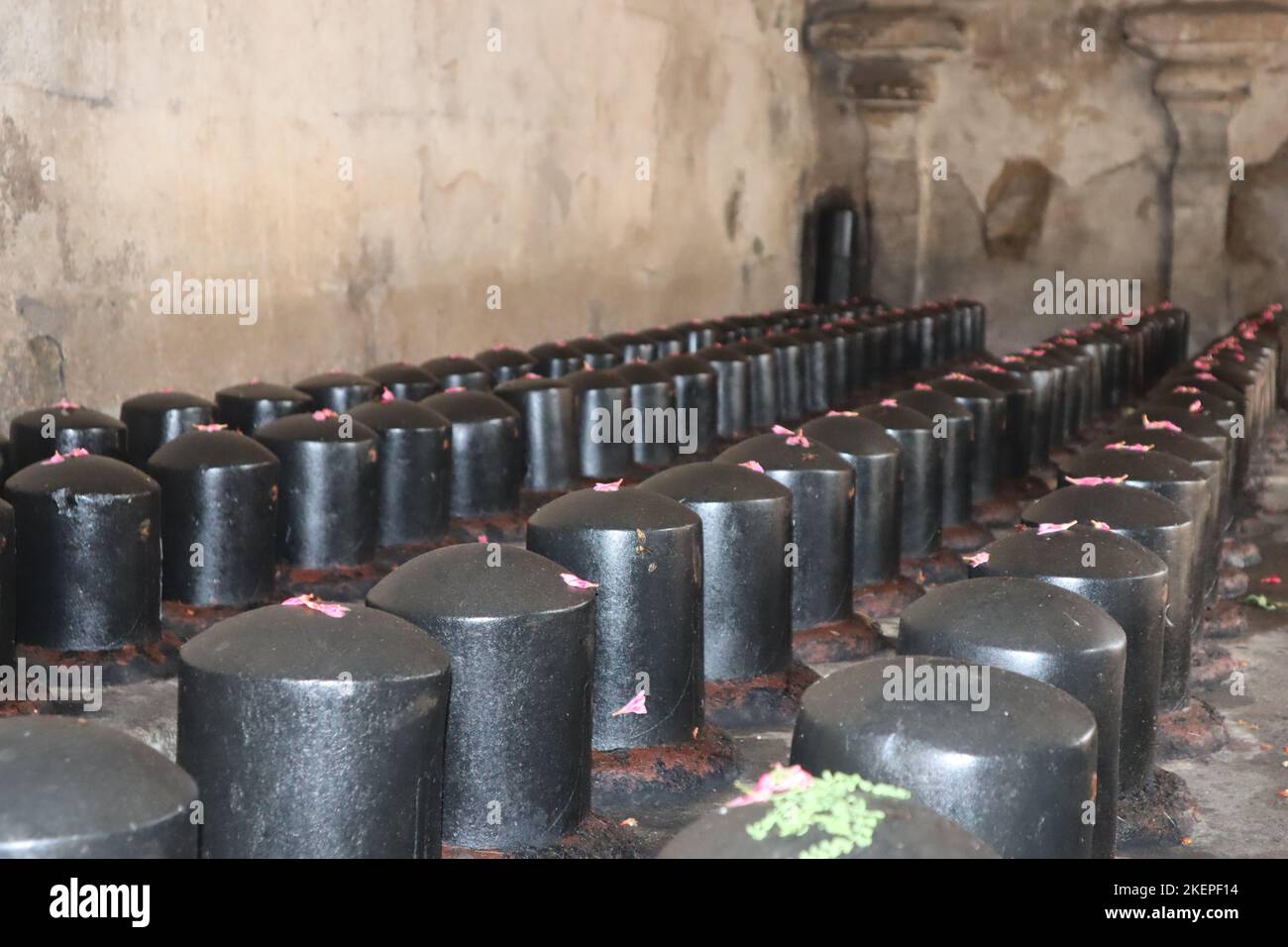 A photograph of the black colored Shiva Lingam at the Brihadeeswarar Temple in Thanjavur. Stock Photo