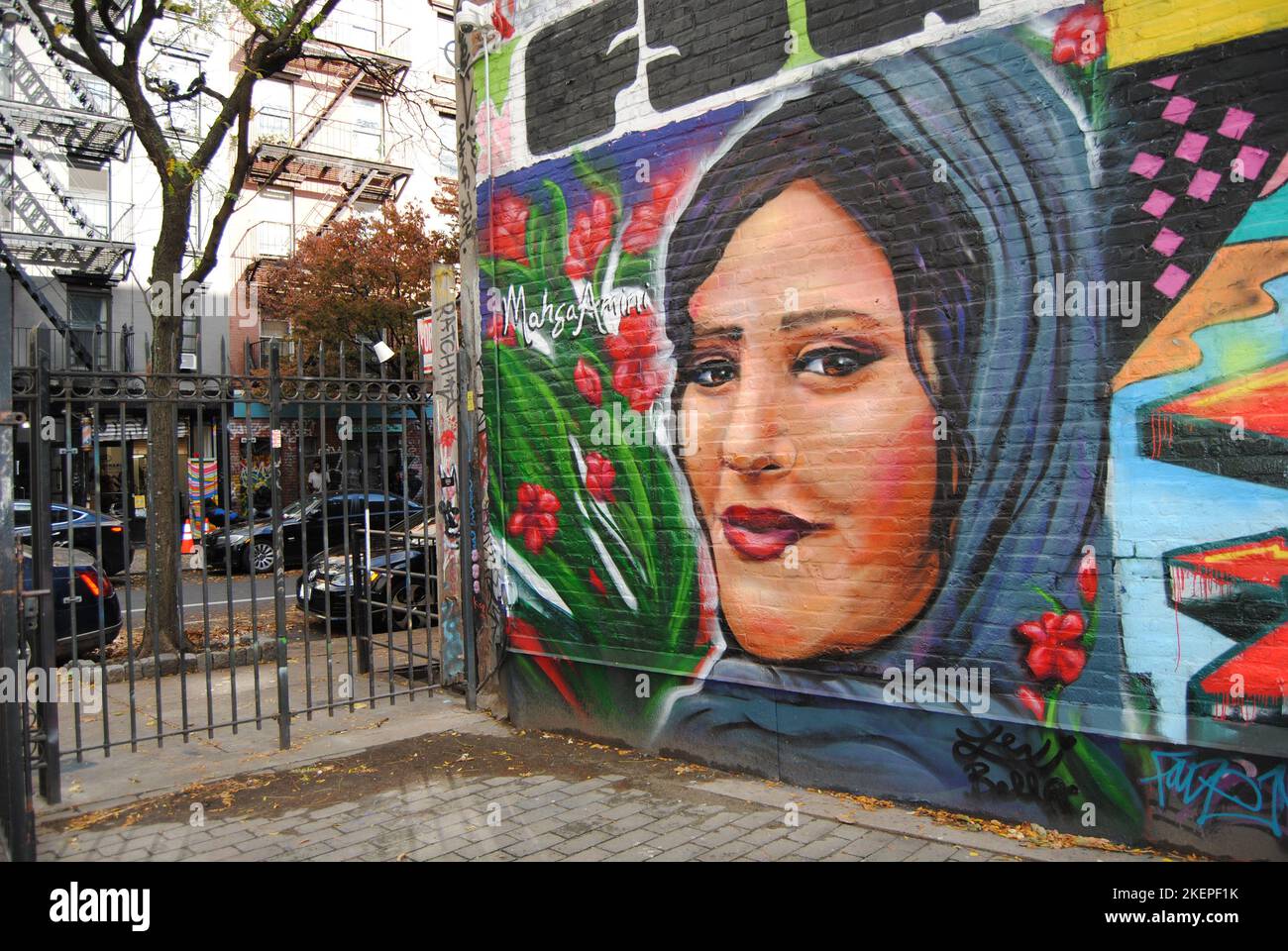 New York City, New York, USA - Nov 12 2022: Mahsa Amini tribute mural by street artist Lexi Bella, First Street Green Cultural Park, Houston Street. Stock Photo
