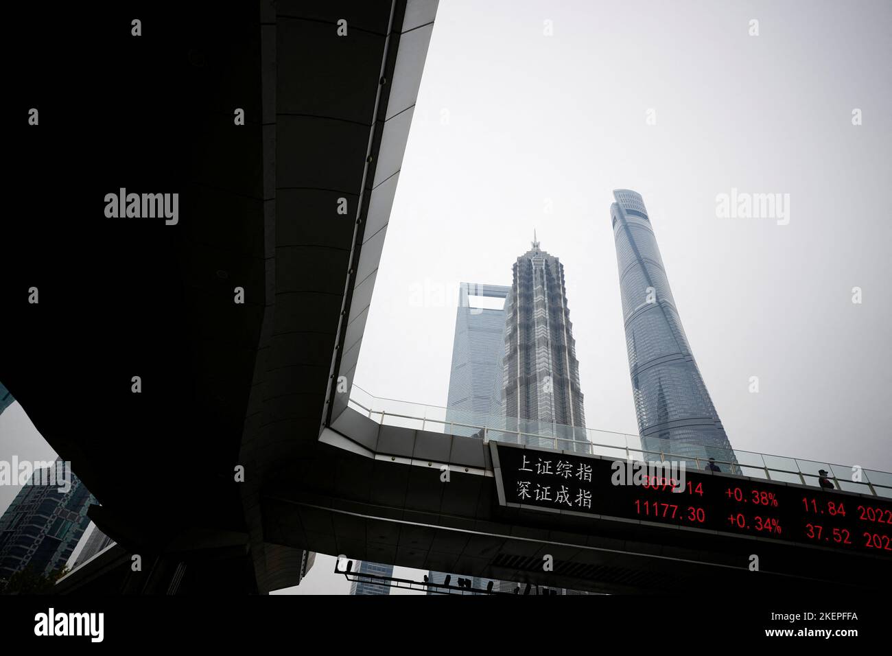 An electronic board shows Shanghai and Shenzhen stock indexes, at the Lujiazui financial district, following the coronavirus disease (COVID-19) outbreak, in Shanghai, China November 14, 2022. REUTERS/Aly Song Stock Photo