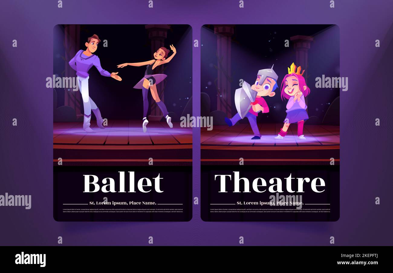 Ballet and theater posters with dancers couple and kids play performance on stage with spotlights. Banners with ballerina dance and children actors, vector cartoon illustration Stock Vector