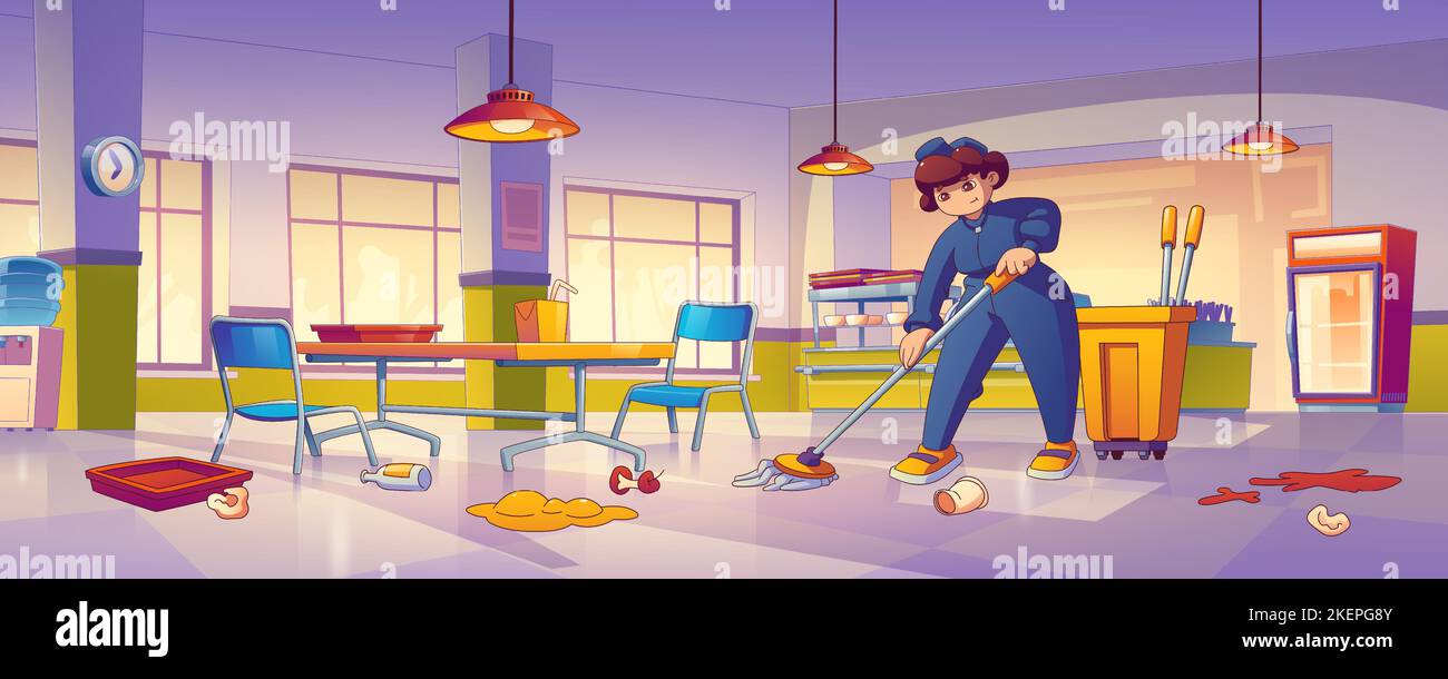 Janitor cleaning dirty school canteen after lunch. Cafeteria interior