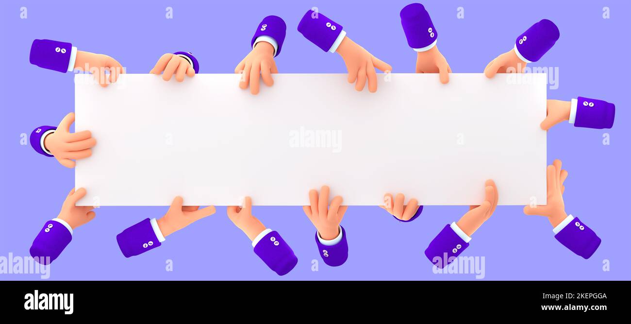 Many hands hold empty white placard. Protest demonstration, picket or advertising campaign blank banner. Human hands holding horizontal poster in different poses, 3d render illustration Stock Photo