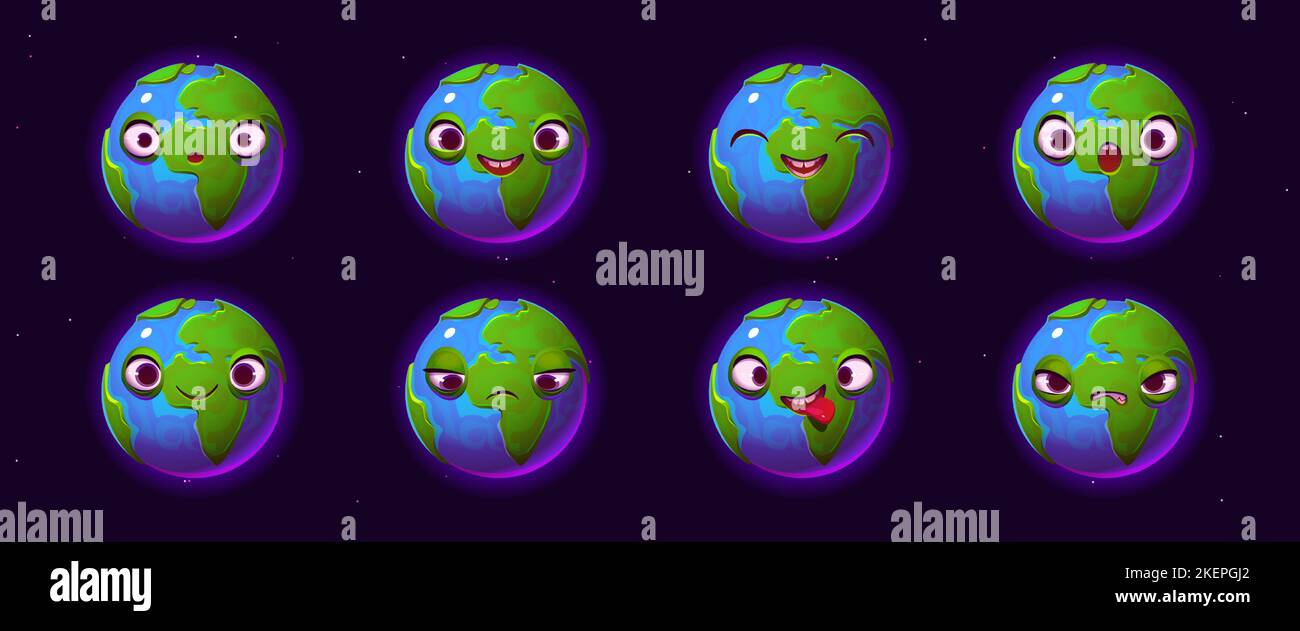 Cute Earth character, funny planet with different emotions. Emoji icons with blue and green planet happy, smile, laugh, sad, angry and shocked, vector cartoon illustration Stock Vector
