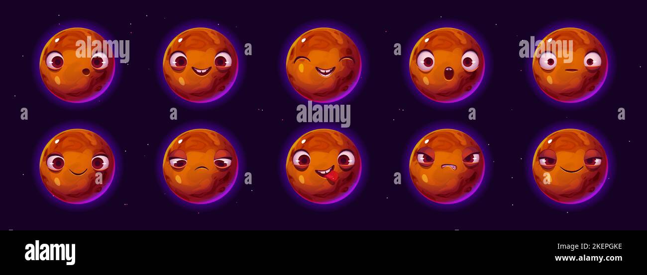 Cute planet character emoji set, cartoon ui space game cosmic object happy, sad, surprised wow face, show tongue, angry and confident. Galaxy or universe personage with funny faces Vector illustration Stock Vector