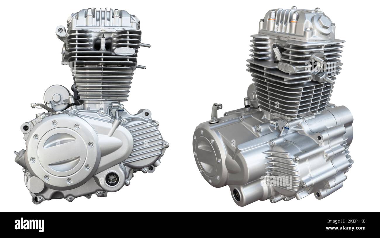 Motorcycle engine isolated on white background. Air cooled internal combustion engine for