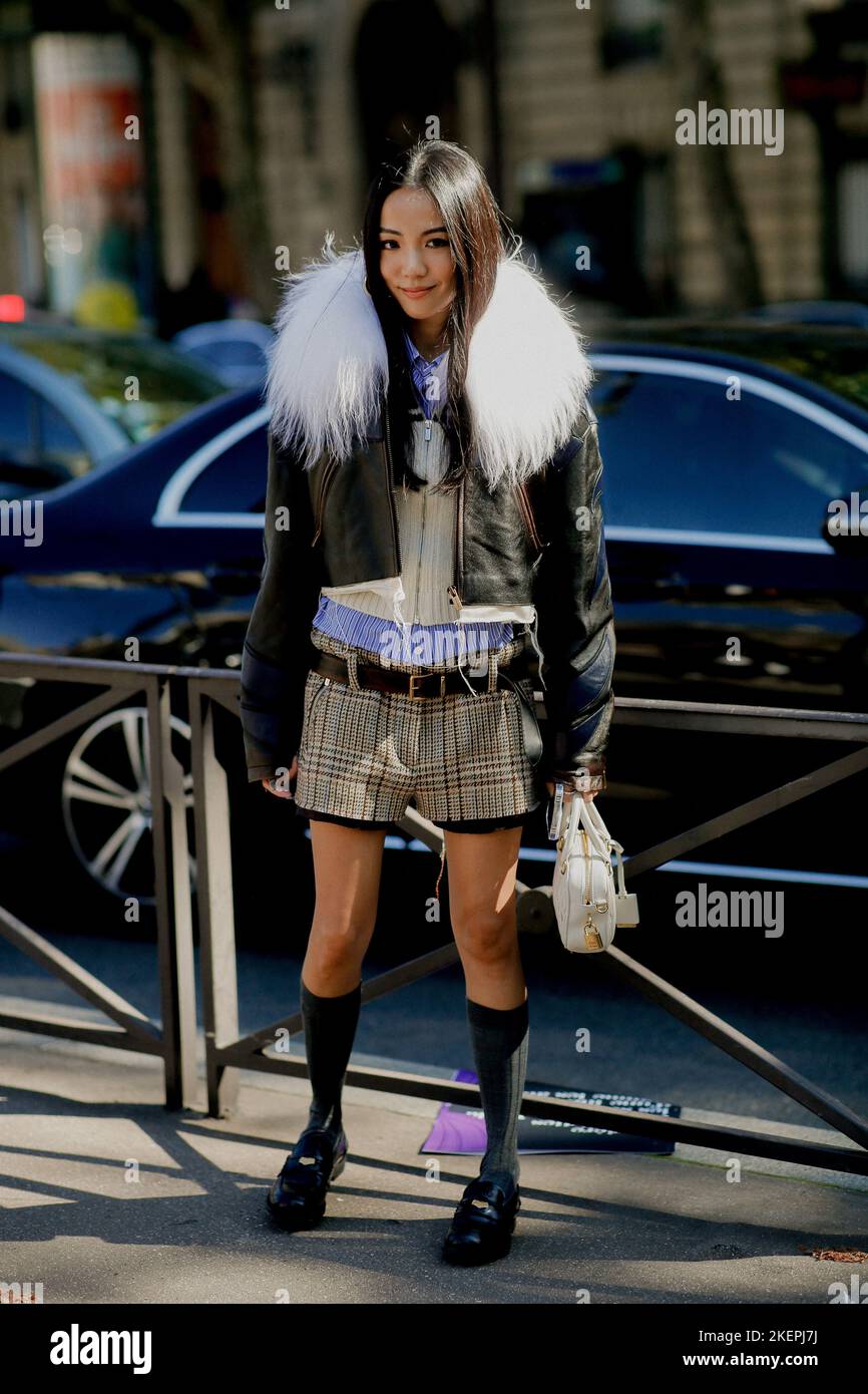 Street style, Yoyo Cao arriving at Miu Miu Spring Summer 2023 show