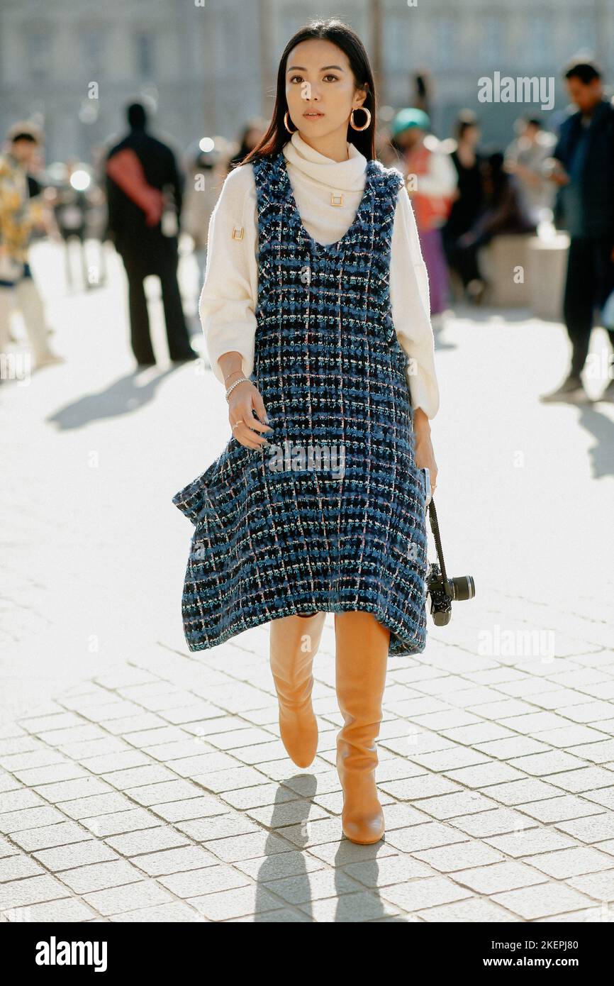Street style, Yoyo Cao arriving at Louis Vuitton Spring Summer 2023