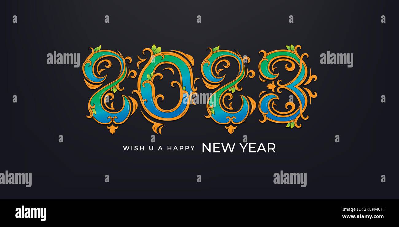 New year 2023 typography and hand lettering illustration with colorful floral ornament design Stock Vector