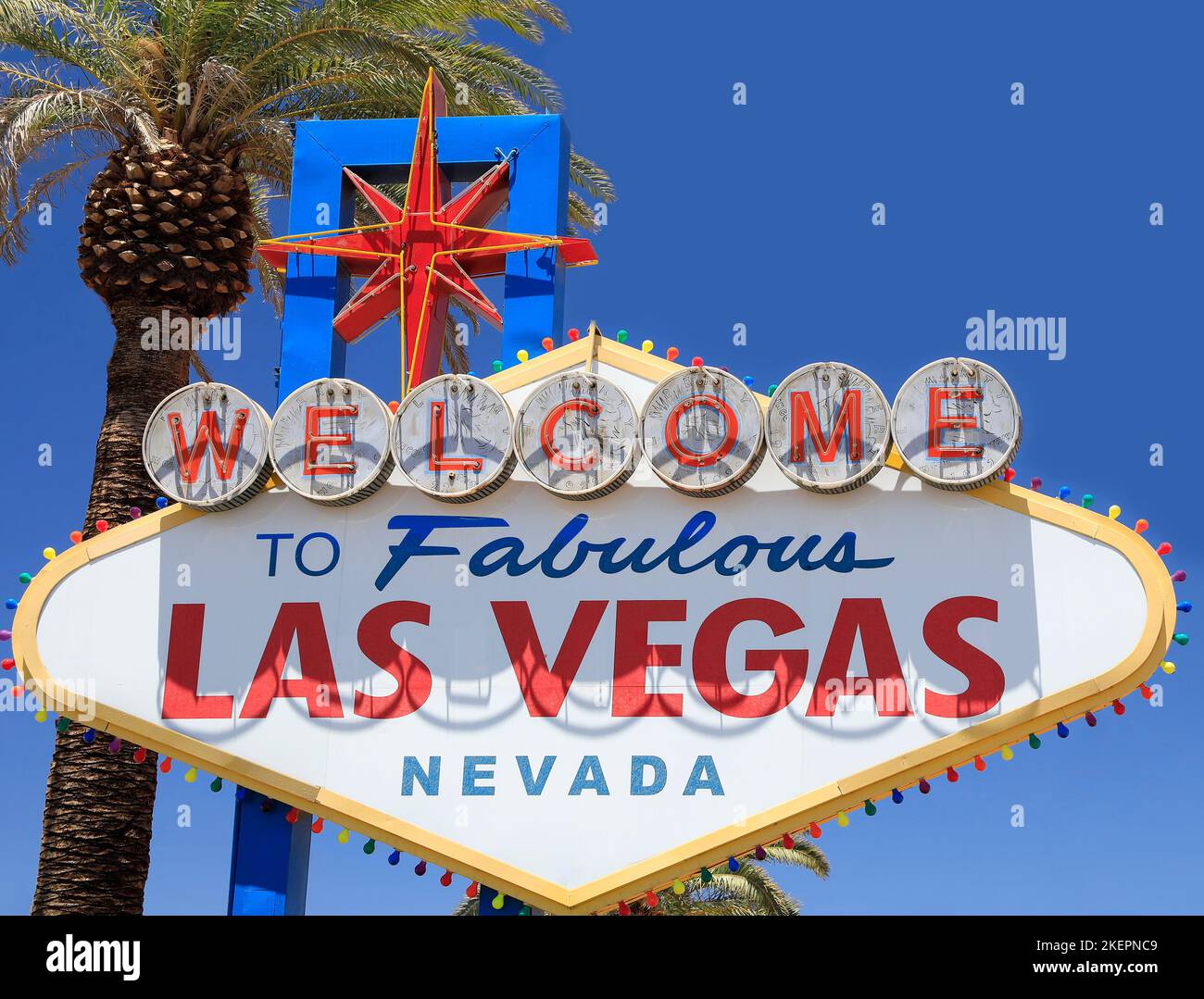 Tourist city signboard on a blue sky background in Las Vegas, Nevada, United States Stock Photo