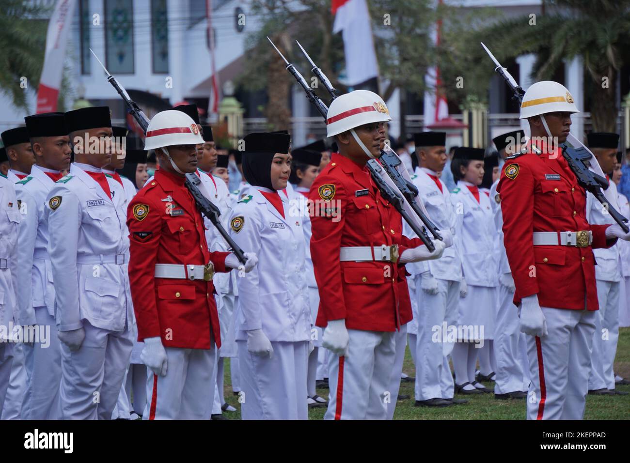 Indonesian flag raiser (paskibraka) in independence day ceremony Stock Photo