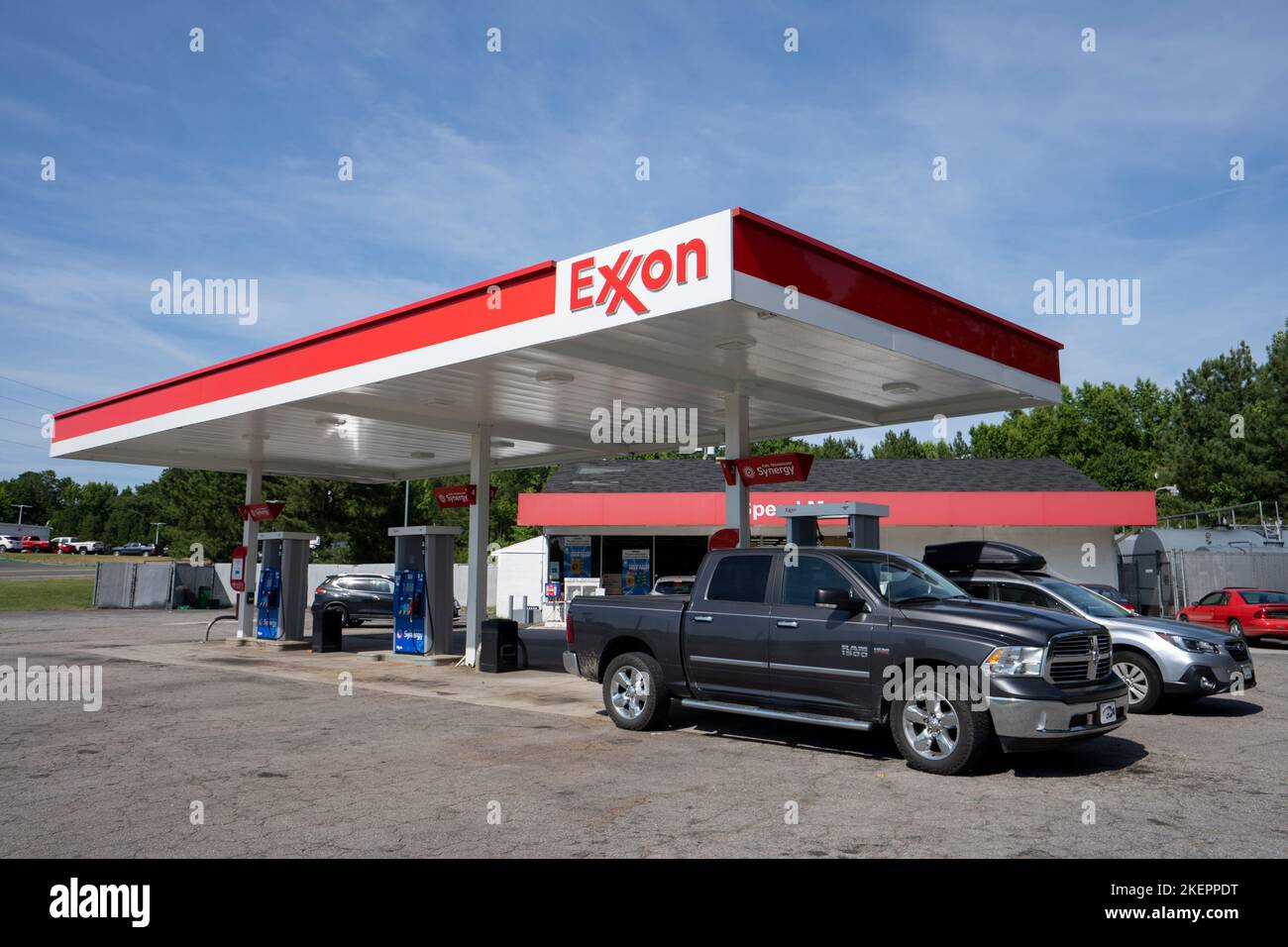 Exterior view of an Exxon gas station in Oxford, North Carolina, seen on Sunday, June 19, 2022. Stock Photo
