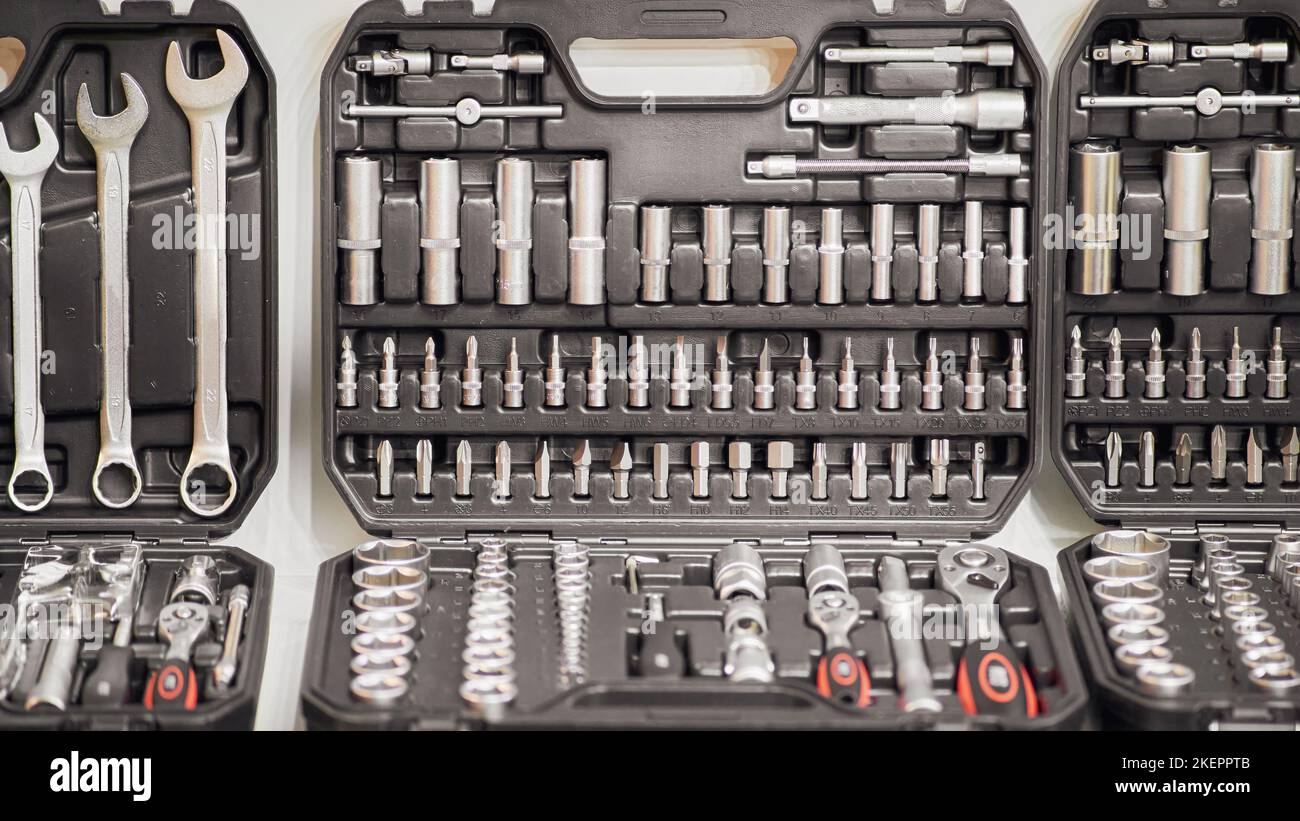 A set of hand tools in a drawer, professional equipment close-up Stock Photo