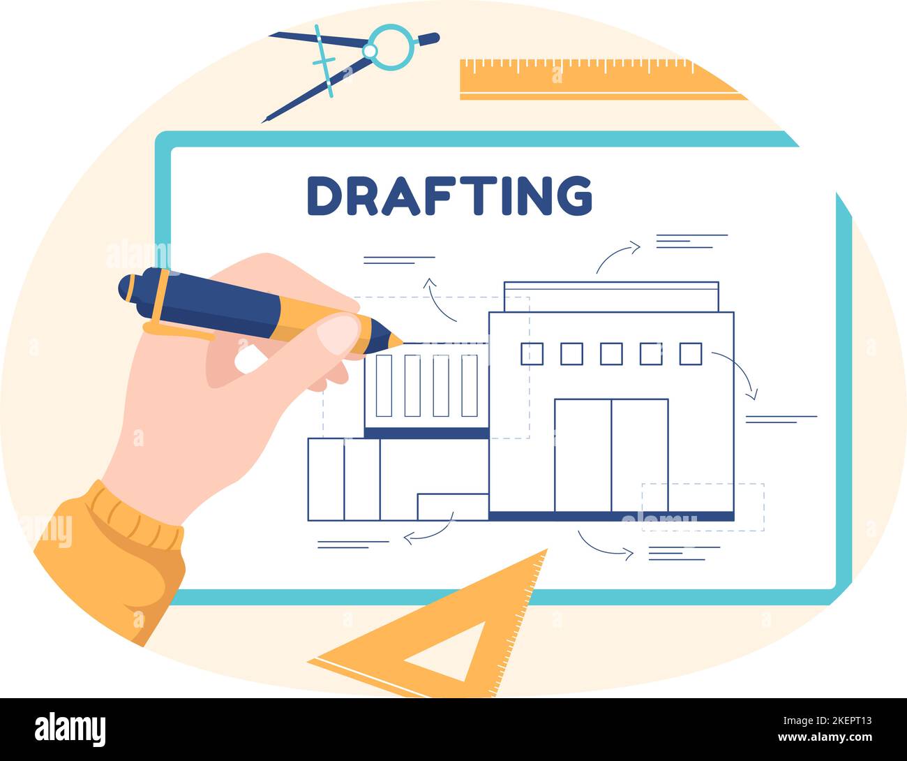 Drafting, Engineer or Architect Working on Drawing Board Projecting and Draft in Flat Cartoon Hand Drawn Templates Illustration Stock Vector