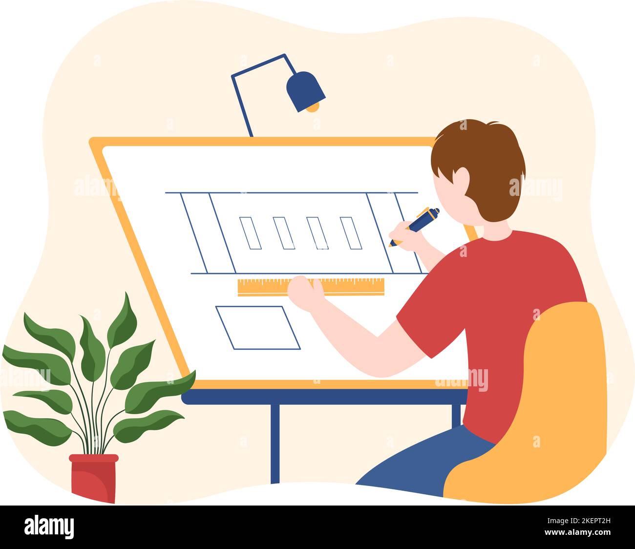 Drafting, Engineer or Architect Working on Drawing Board Projecting and Draft in Flat Cartoon Hand Drawn Templates Illustration Stock Vector