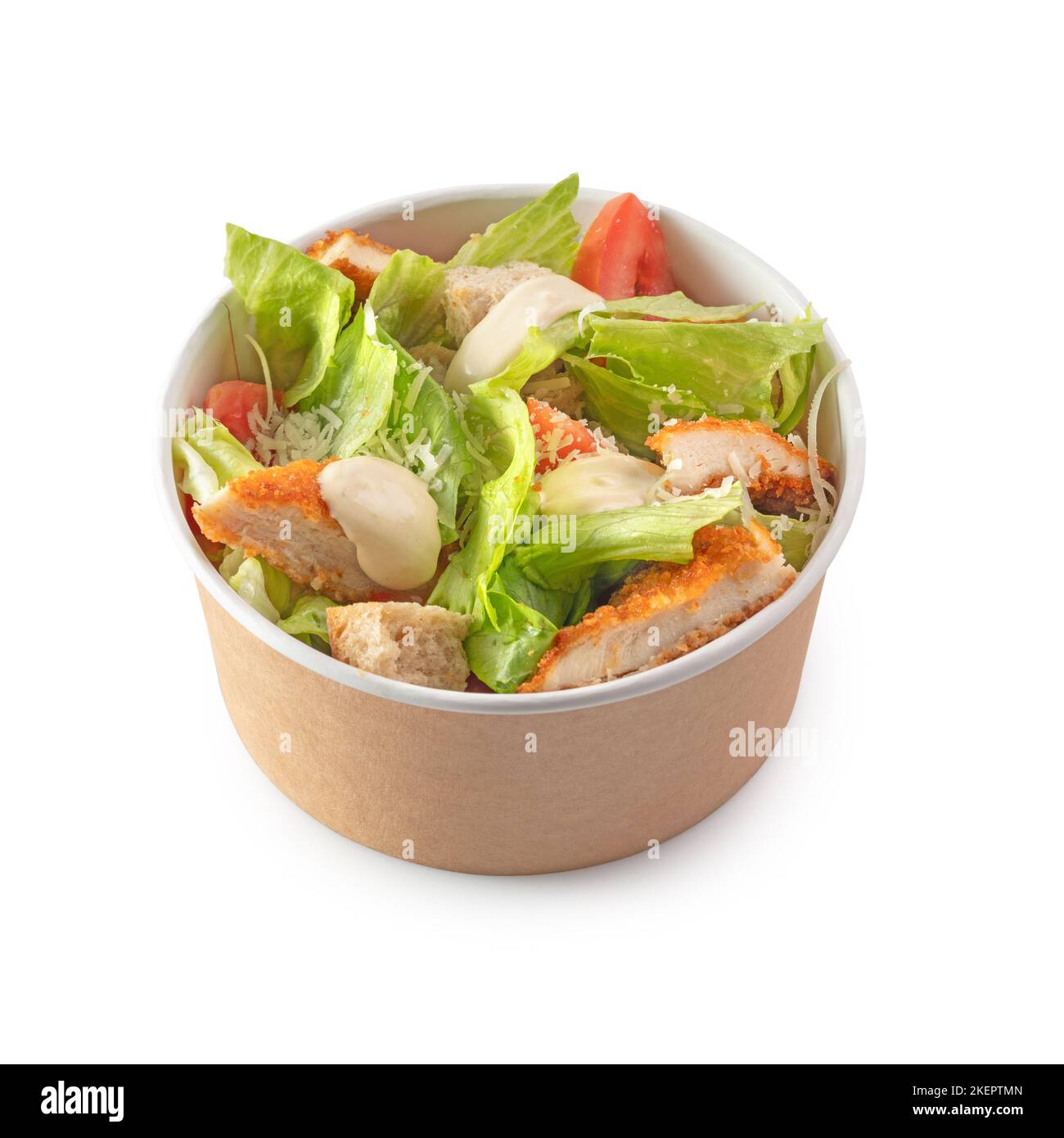 Caesar salad in paper bowl with lid for take away, isolated on white