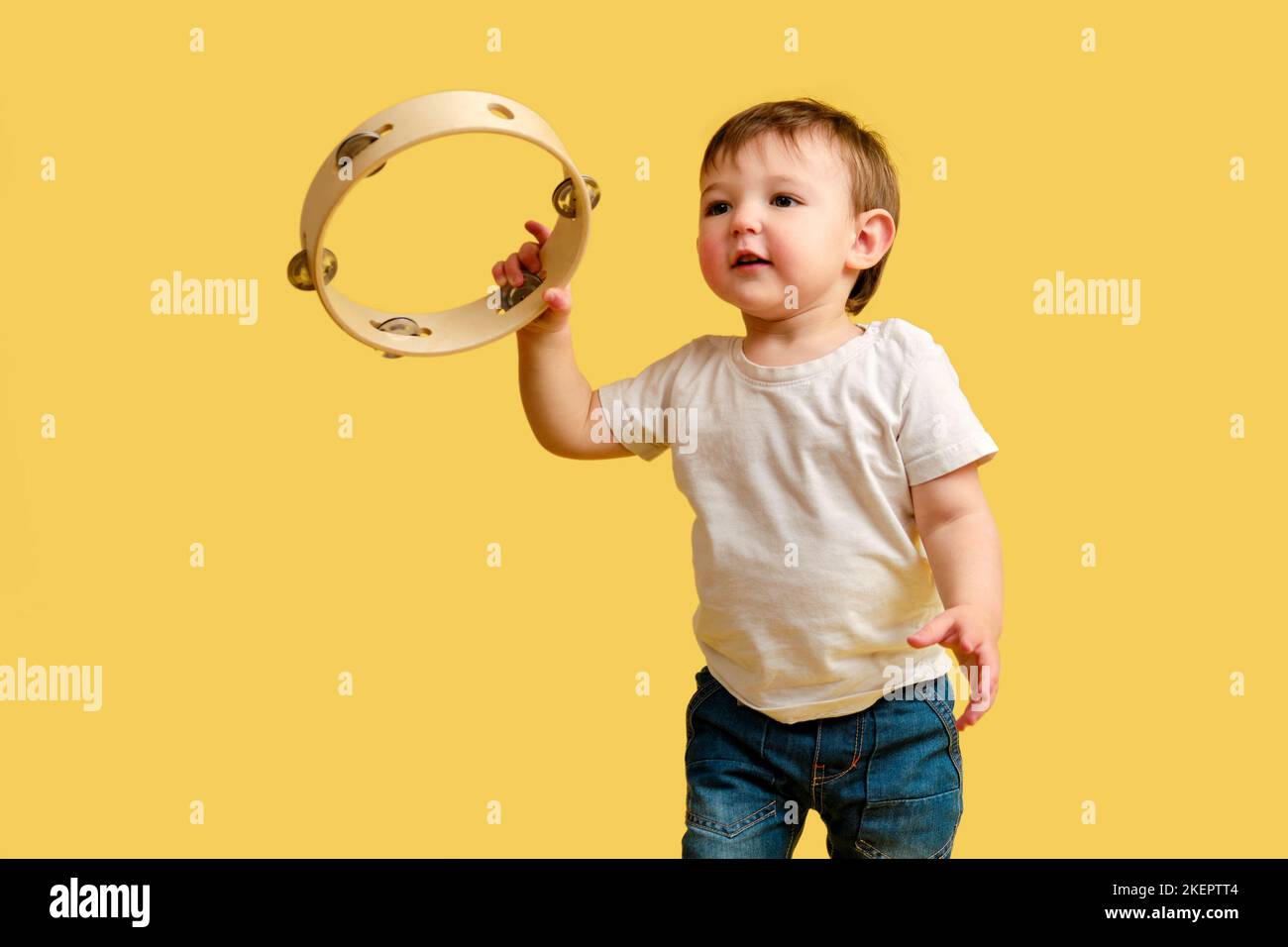 Toddler baby plays the tambourine, a child with a percussion musical