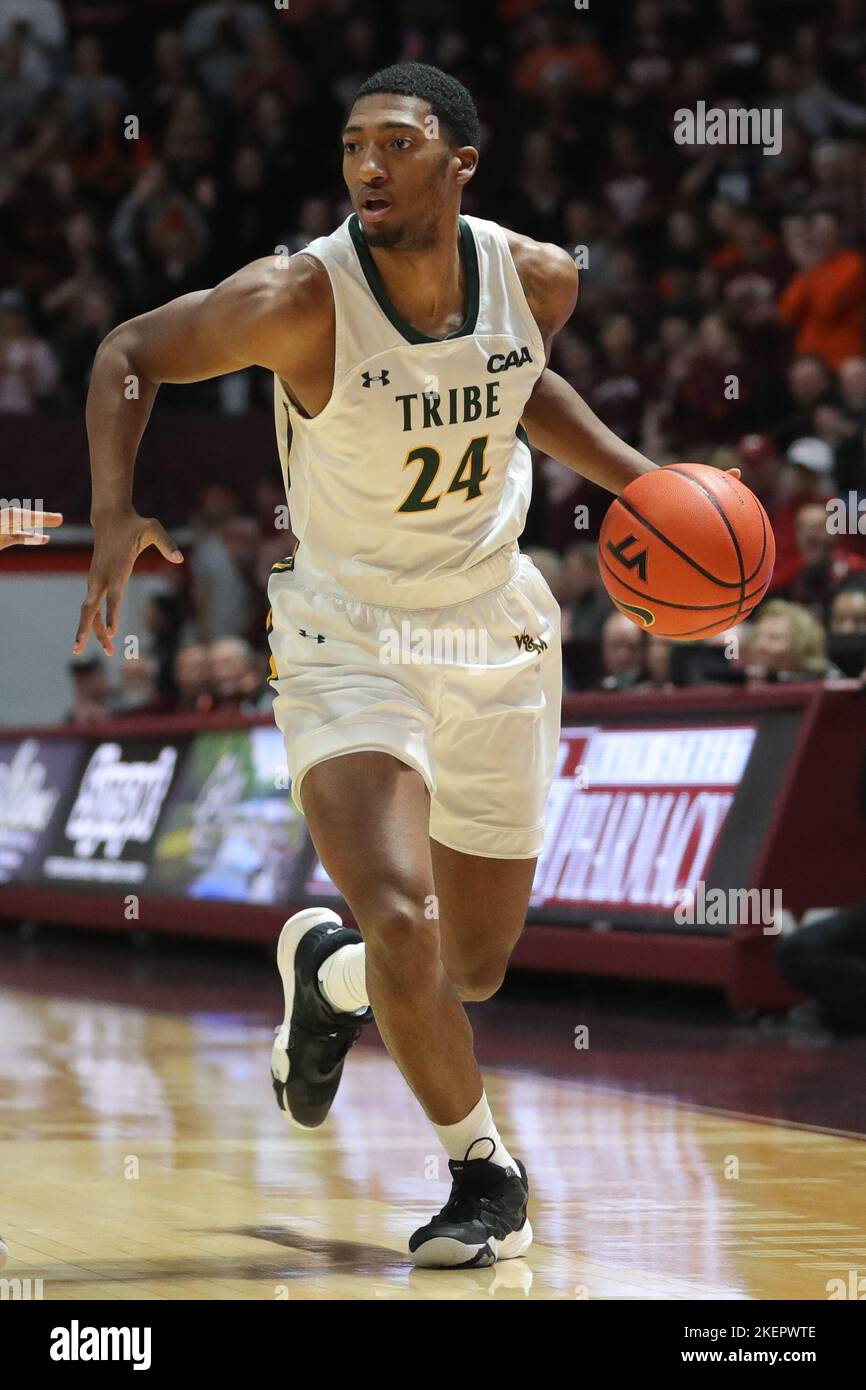 Blacksburg, Virginia, USA. 13th Nov, 2022. William & Mary Tribe guard Chris Mullins (24) looks to drive during the NCAA Basketball game between the William & Mary Tribe and the Virginia Tech Hokies at Cassell Coliseum in Blacksburg, Virginia. Greg Atkins/CSM/Alamy Live News Stock Photo