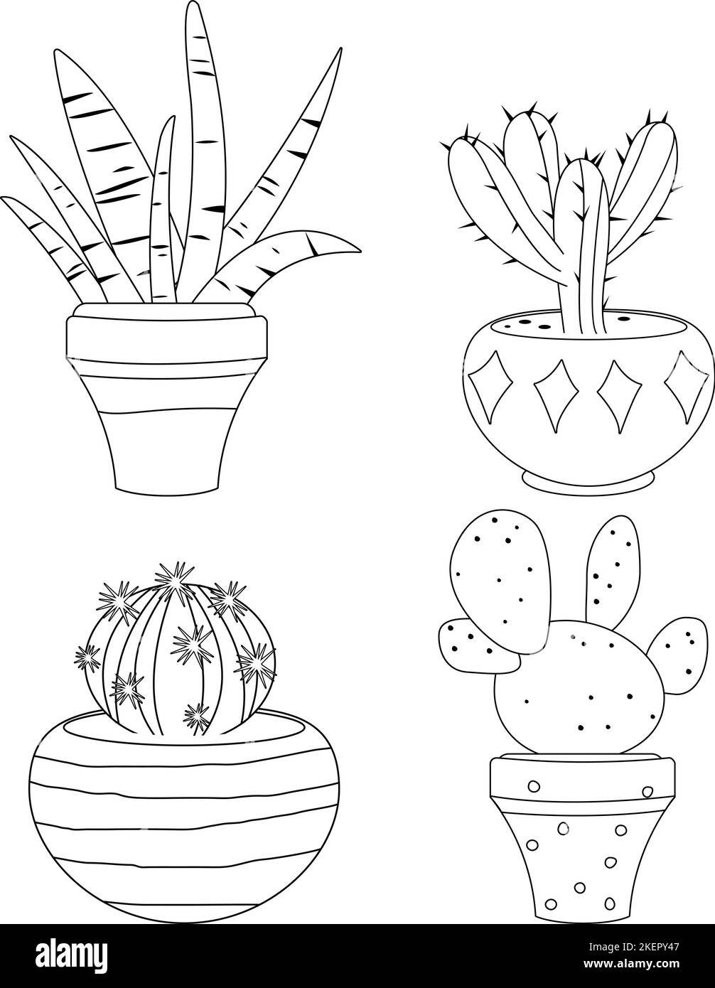 Cactus and succulent houseplants growing in pots. Vector black and white coloring page Stock Vector