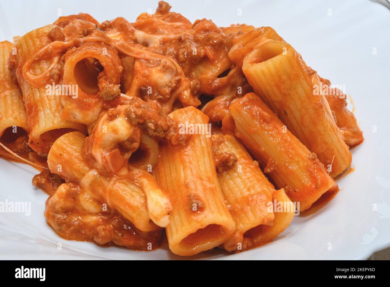 Italian Rigatoni Pasta With Ragu Sauce Stock Photo - Alamy