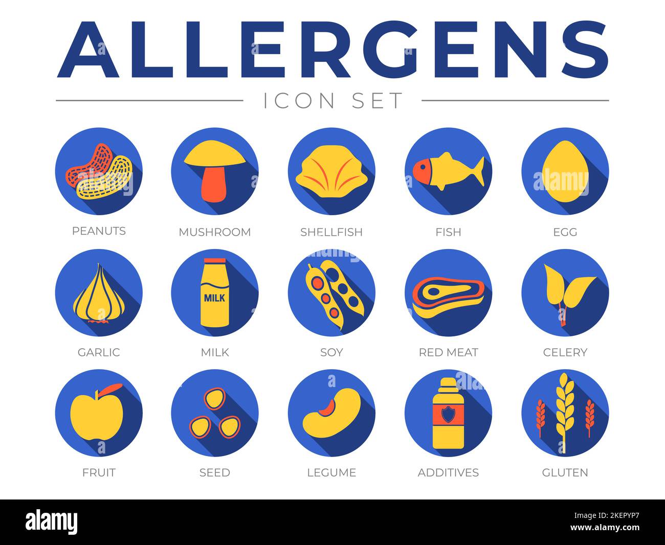 Blue Flat Allergens Icon Set. Peanuts, Mushroom, Shellfish, Fish, Egg, Garlic, Milk, Soy Red Meat, Celery, Fruit, Seed, Legume and Additives Gluten Al Stock Vector