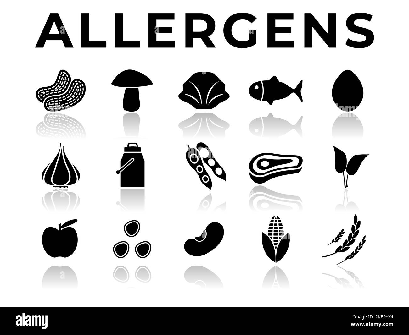 Black Allergens Icon Set with Reflection. Peanuts, Mushroom, Shellfish