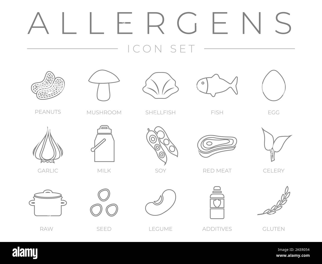 Allergens Outline Icon Set. Peanuts, Mushroom, Shellfish, Fish, Egg, Garlic, Milk, Soy Meat, Celery, Raw Food, Seed, Legume and Additives Gluten Aller Stock Vector