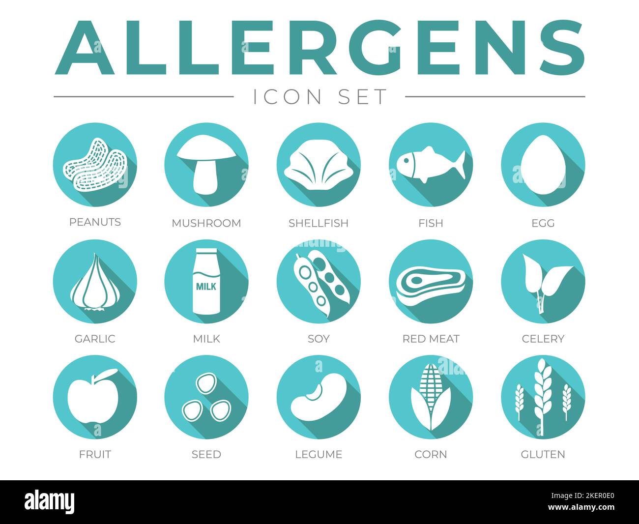 Teal Allergens Icon Set. Peanuts, Mushroom, Shellfish, Fish, Egg, Garlic, Milk, Soy Red Meat