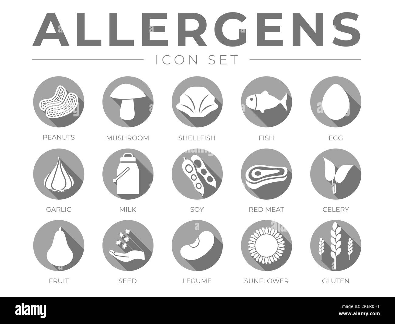 Flat Gray Allergens Icon Set. Peanuts, Mushroom, Shellfish, Fish, Egg