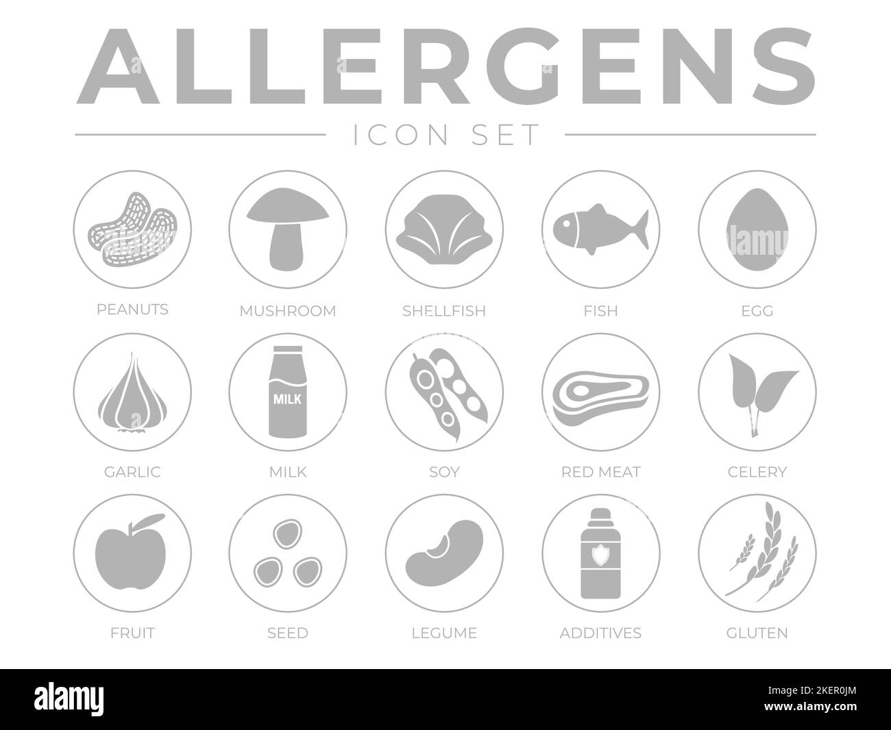 Simple Allergens Icon Set. Peanuts, Mushroom, Shellfish, Fish, Egg, Garlic, Milk, Soy Red Meat, Celery, Fruit, Seed, Legume and Additives Gluten Aller Stock Vector