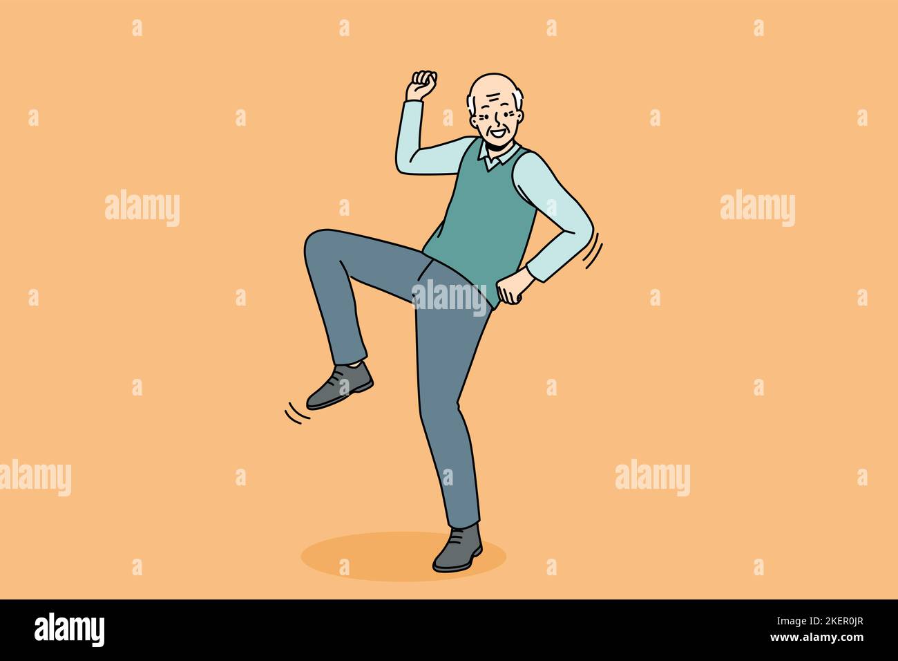 Happy elderly man have fun dancing. Smiling energetic old grandfather feel optimistic and positive moving. Healthy maturity. Vector illustration.  Stock Vector