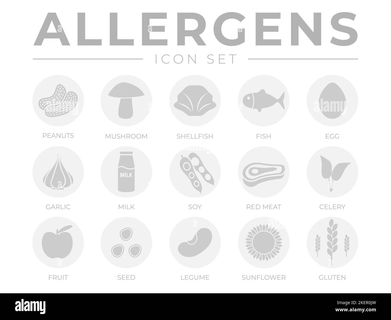 Light Allergens Icon Set. Peanuts, Mushroom, Shellfish, Fish, Egg