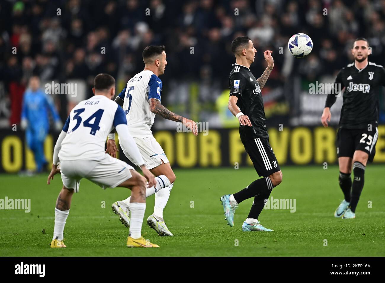 Turin, Italy. 13th Nov, 2022. Angel Di Maria (Juventus)Matias Vecino (Lazio)Mario  Gila (Lazio) during the Italian Serie A match between match between Juventus  3-0 Lazio at Allianz Stadium on November 13, 2022, image size:1300x956