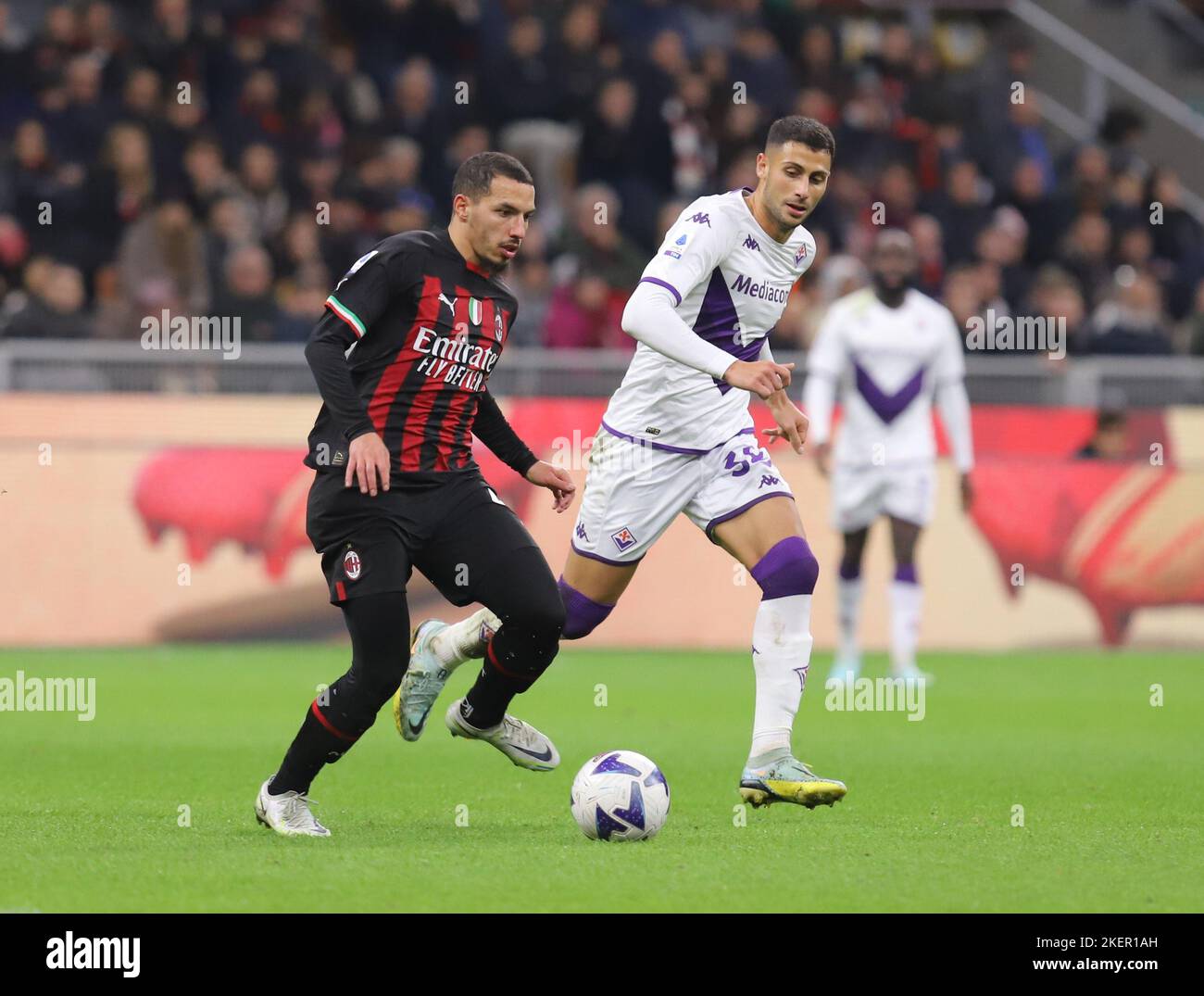 Milan, Italy. 13th Nov, 2022. Rafael Leao of AC Milan celebrates with his  teammates after scoring a goal during Serie A 2022/23 football match  between AC Milan and ACF Fiorentina at Giuseppe