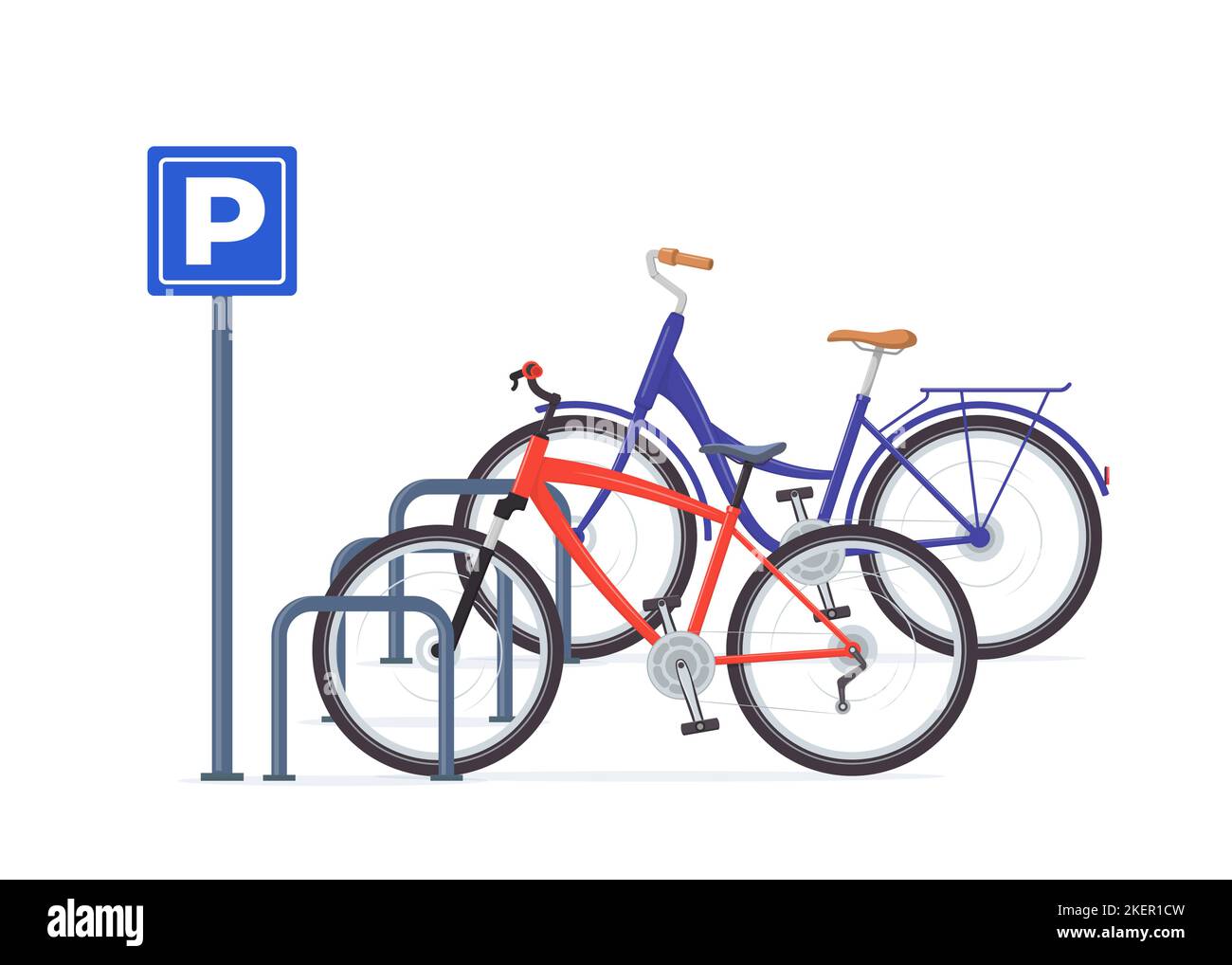 Bicycle parking. Modern bicycles at parking sign. Vector illustration