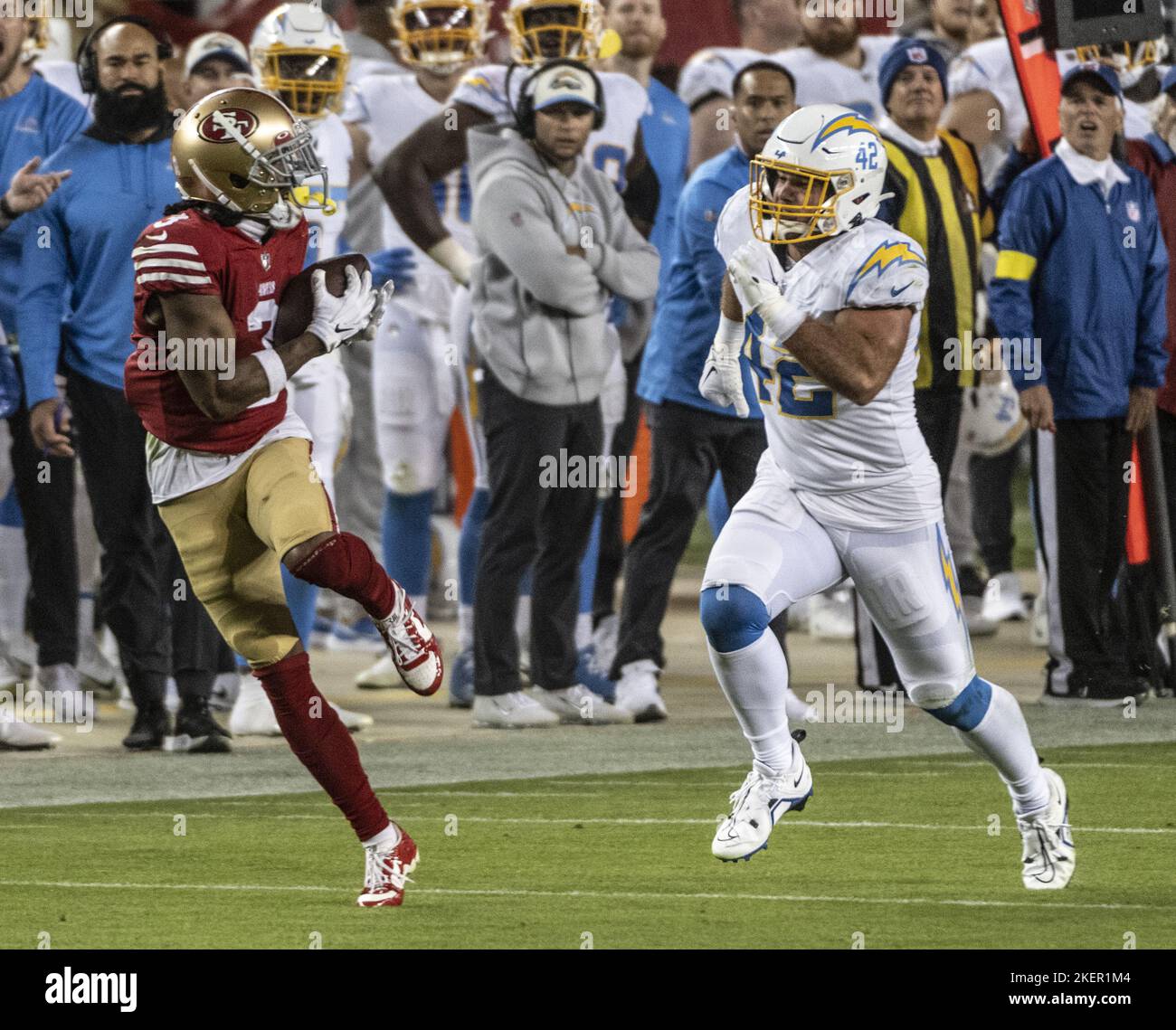 San Francisco 49ers wide receiver Jauan Jennings (15) runs against Miami  Dolphins cornerback Xavien Howard (25) during the first half of an NFL  football game in Santa Clara, Calif., Sunday, Dec. 4