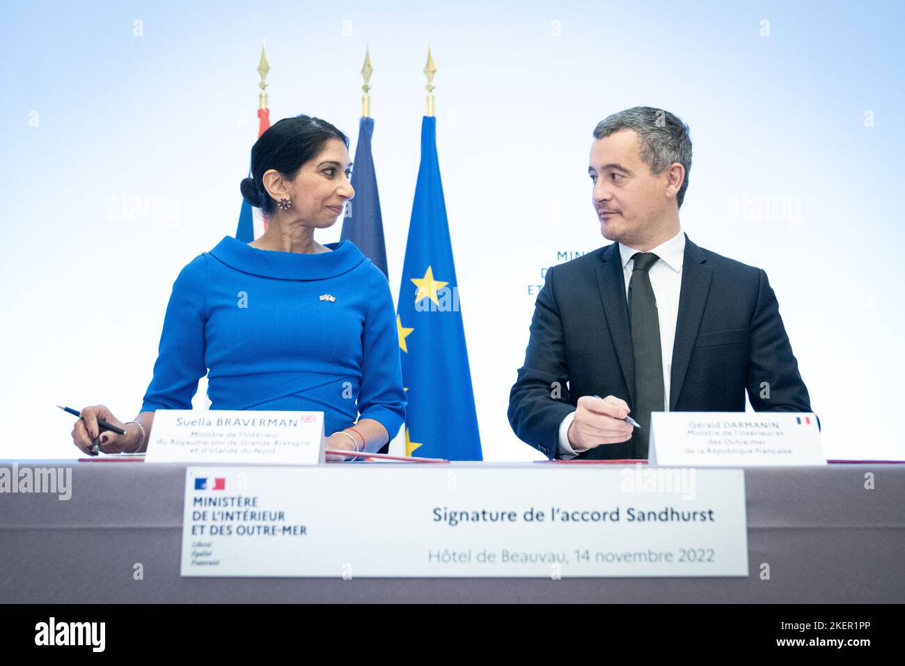 Home Secretary Suella Braverman signs a historic deal with the French Interior Minister Gerald Darmanin, at the Interior Ministry in Paris, France, to tackle the small boats crisis as pressure mounts on the British immigration system, with Channel crossings topping 40,000 so far this year. Picture date: Monday November 14, 2022. Stock Photo