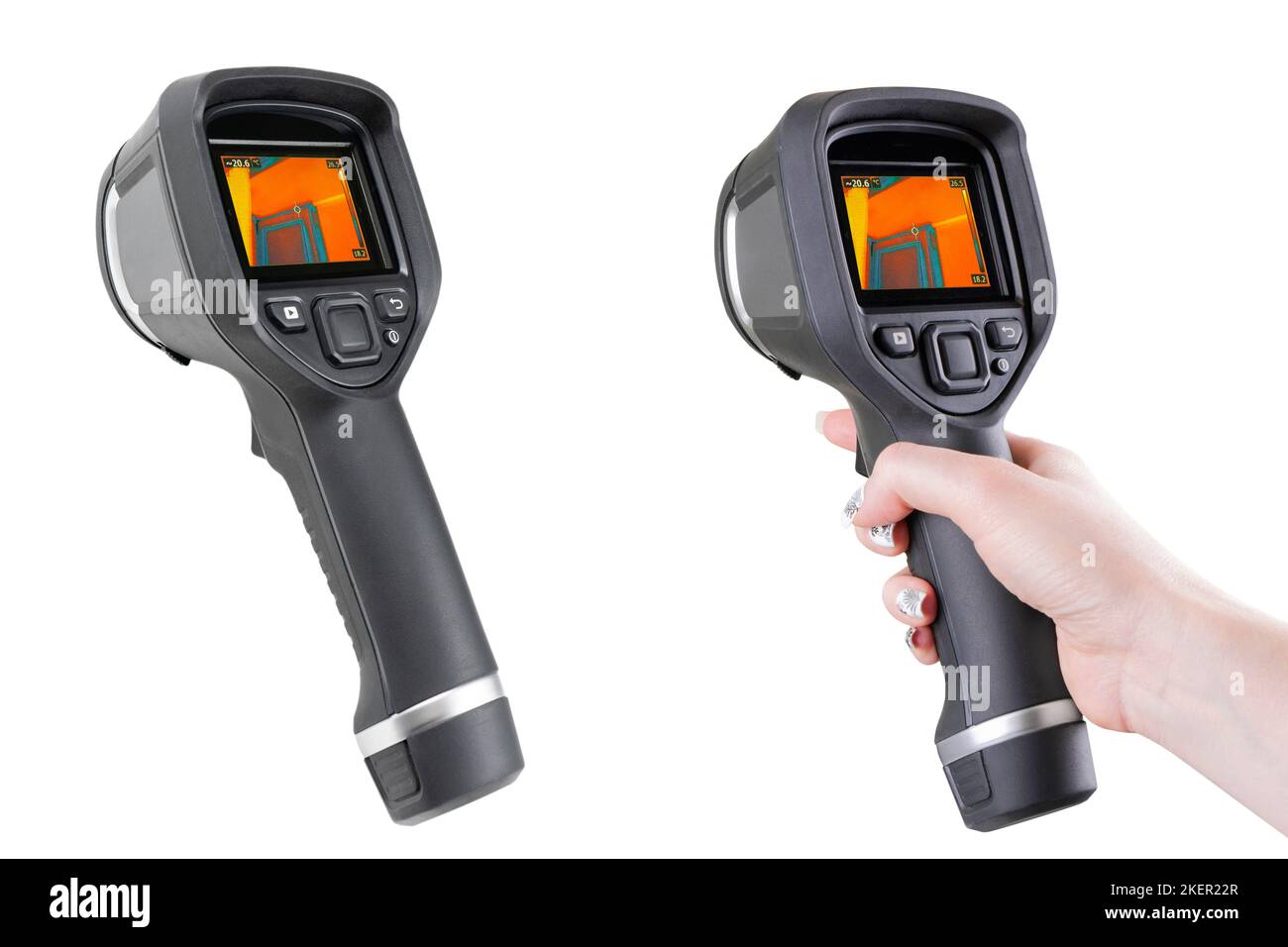 Thermal imager isolated on a white background. Monitoring the temperature distribution of the investigated surface. Thermal imaging camera inspection Stock Photo