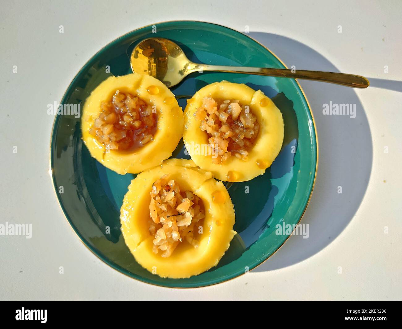 Chinese steamed rice cake with hot preserved radish relish and palm sugar in Thailand Stock Photo