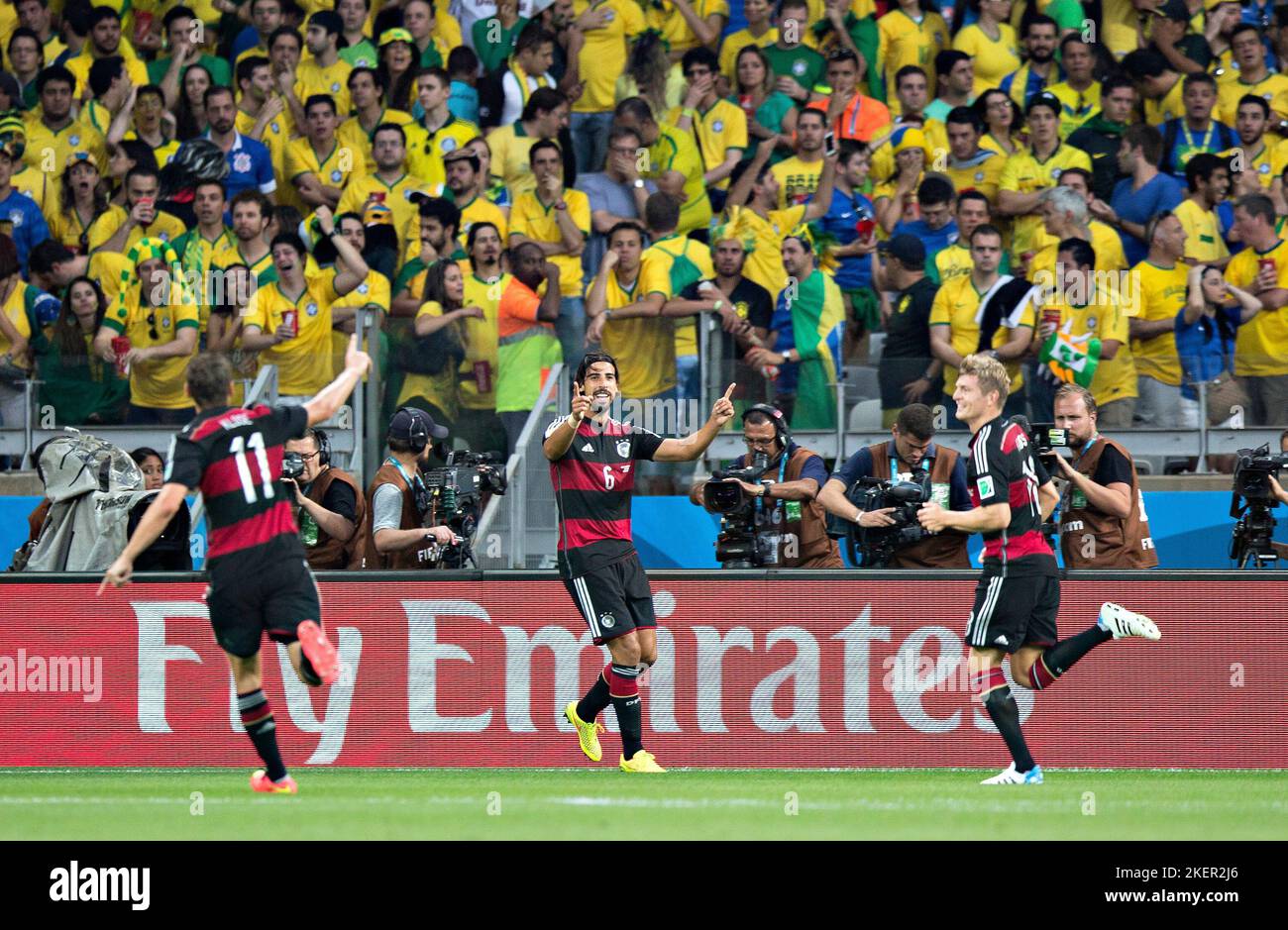 Belo Horizonte, 08.07.2014, Estadio Mineirao Torjubel: Miroslav Klose (Deutschland), Sami Khedira (Deutschland), Toni Kroos (Deutschland) Brasilien - Stock Photo