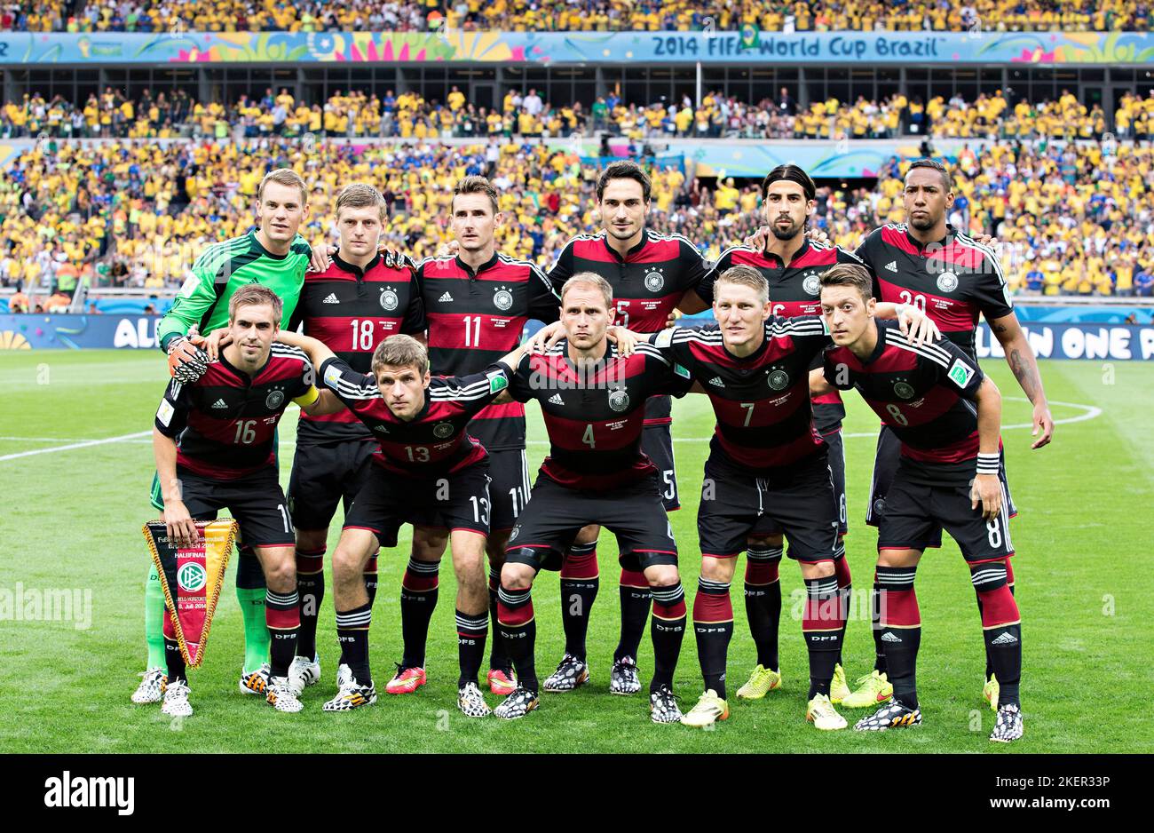Belo Horizonte, 08.07.2014, Estadio Mineirao Torwart Manuel Neuer (Deutschland), Toni Kroos (Deutschland), Miroslav Klose (Deutschland), Mats Hummels Stock Photo