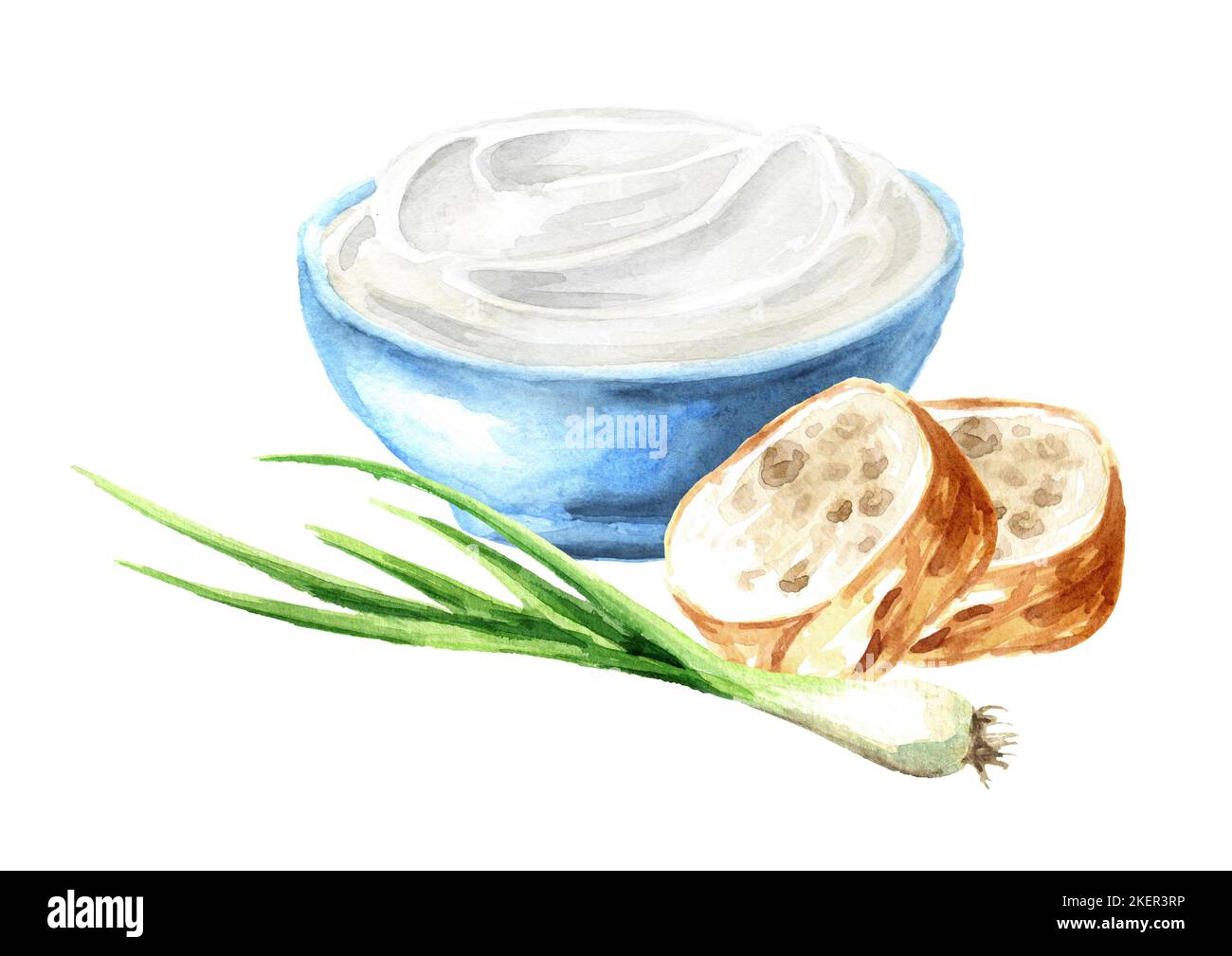 Sour cream with bread and Chive. Hand drawn watercolor illustration