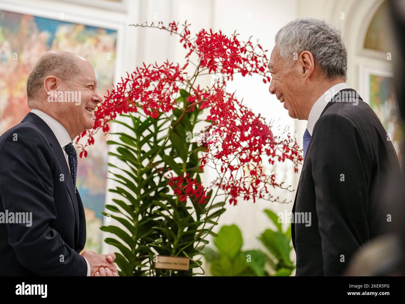 Singapur, Singapore. 14th Nov, 2022. German Chancellor Olaf Scholz (l, SPD) attends an orchid ceremony alongside Lee Hsien Loong, Prime Minister of the Republic of Singapore. The orchid is named Renanthera Olaf Scholz. In the evening, the chancellor travels on to Bali, Indonesia, for the G20 summit. Credit: Kay Nietfeld/dpa/Alamy Live News Stock Photo
