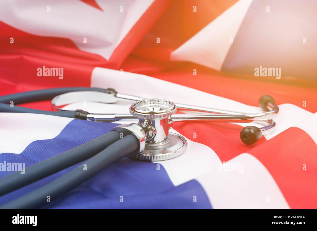 Stethoscope on the USA flag. Medicine and health concept. Side view