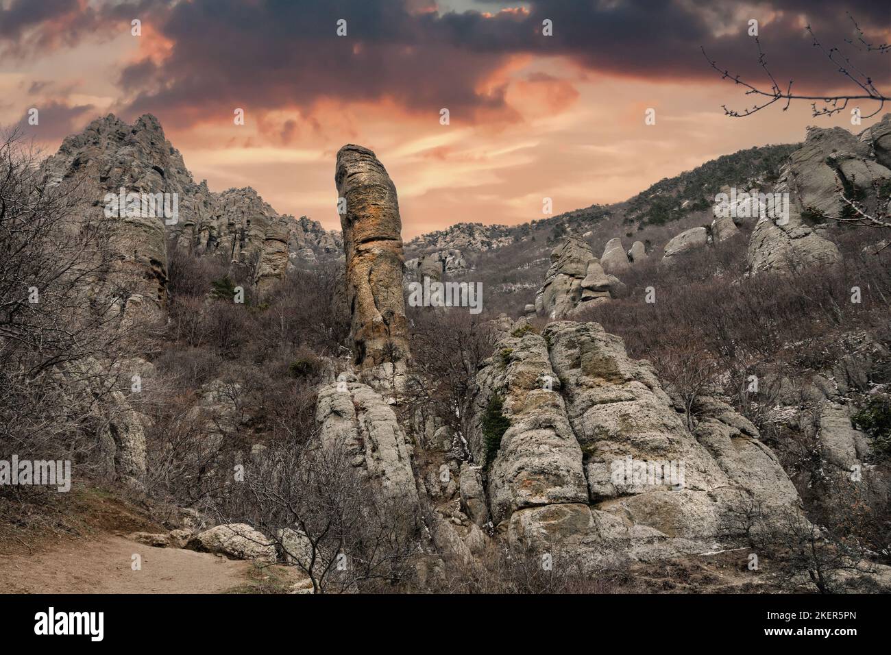 Bizarre rocks of Valley of ghosts on Mount Demerdzhi in early spring ...