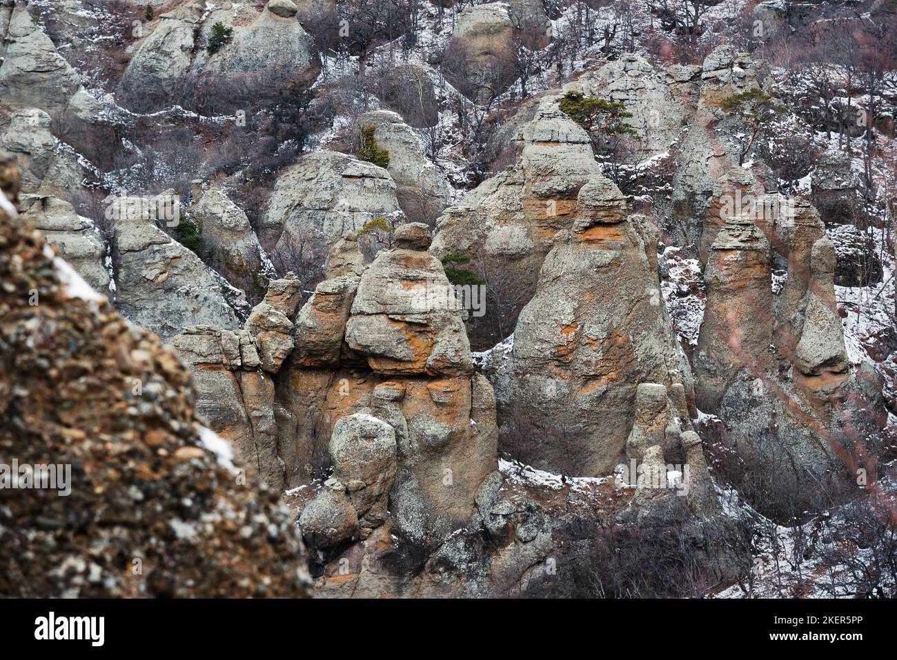 Bizarre rocks of Valley of ghosts on Mount Demerdzhi in early spring ...