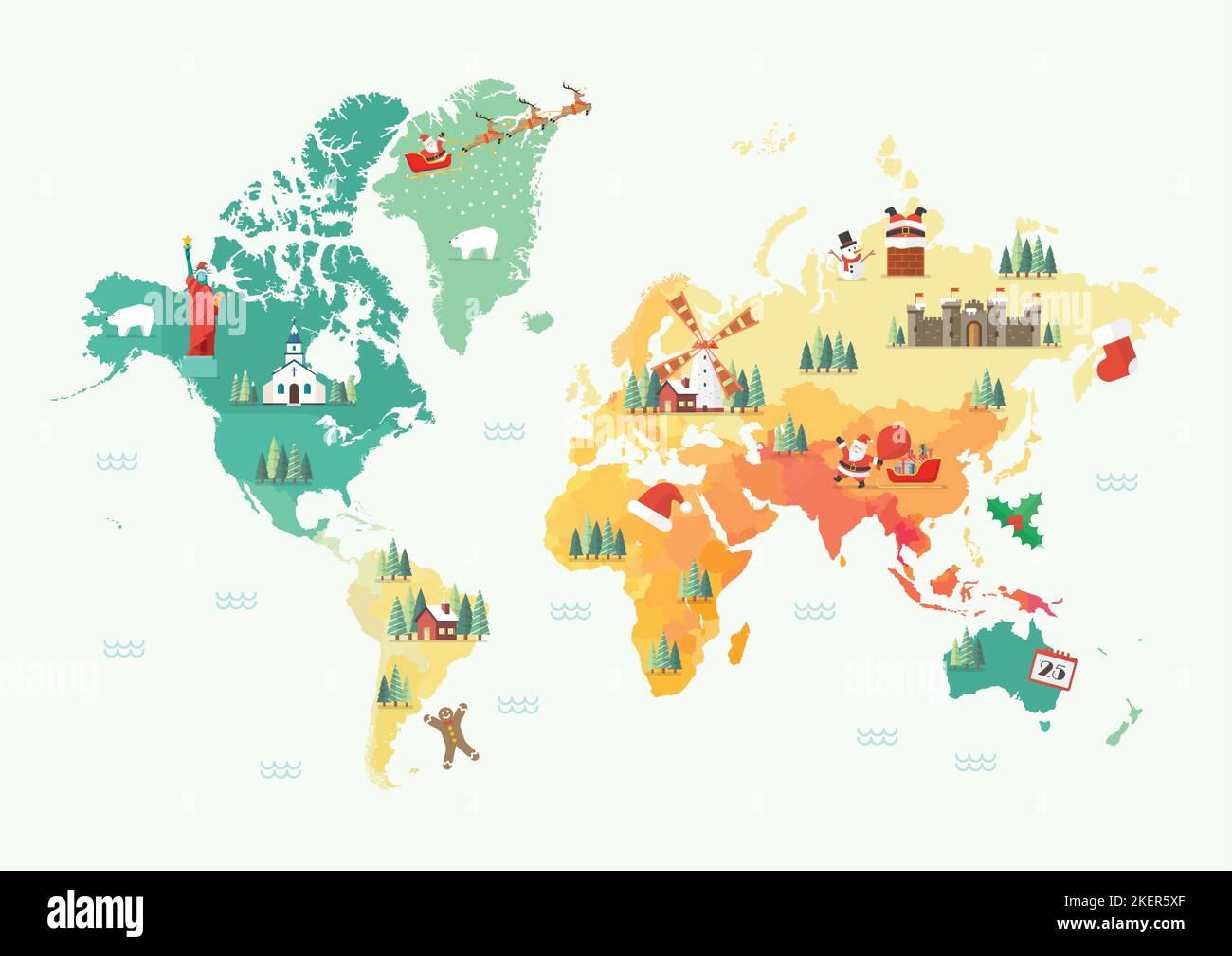 Merry Christmas and Happy New Year World Map. Vector illustration Stock Vector