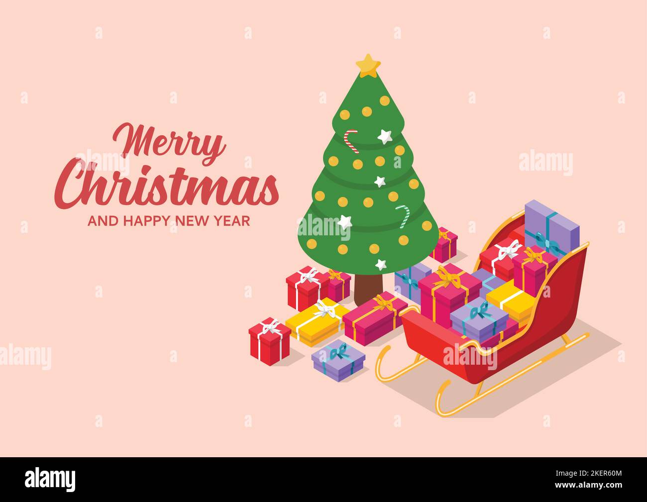 Santa sleigh full of gift boxes with Chrismas tree Greeting card ...